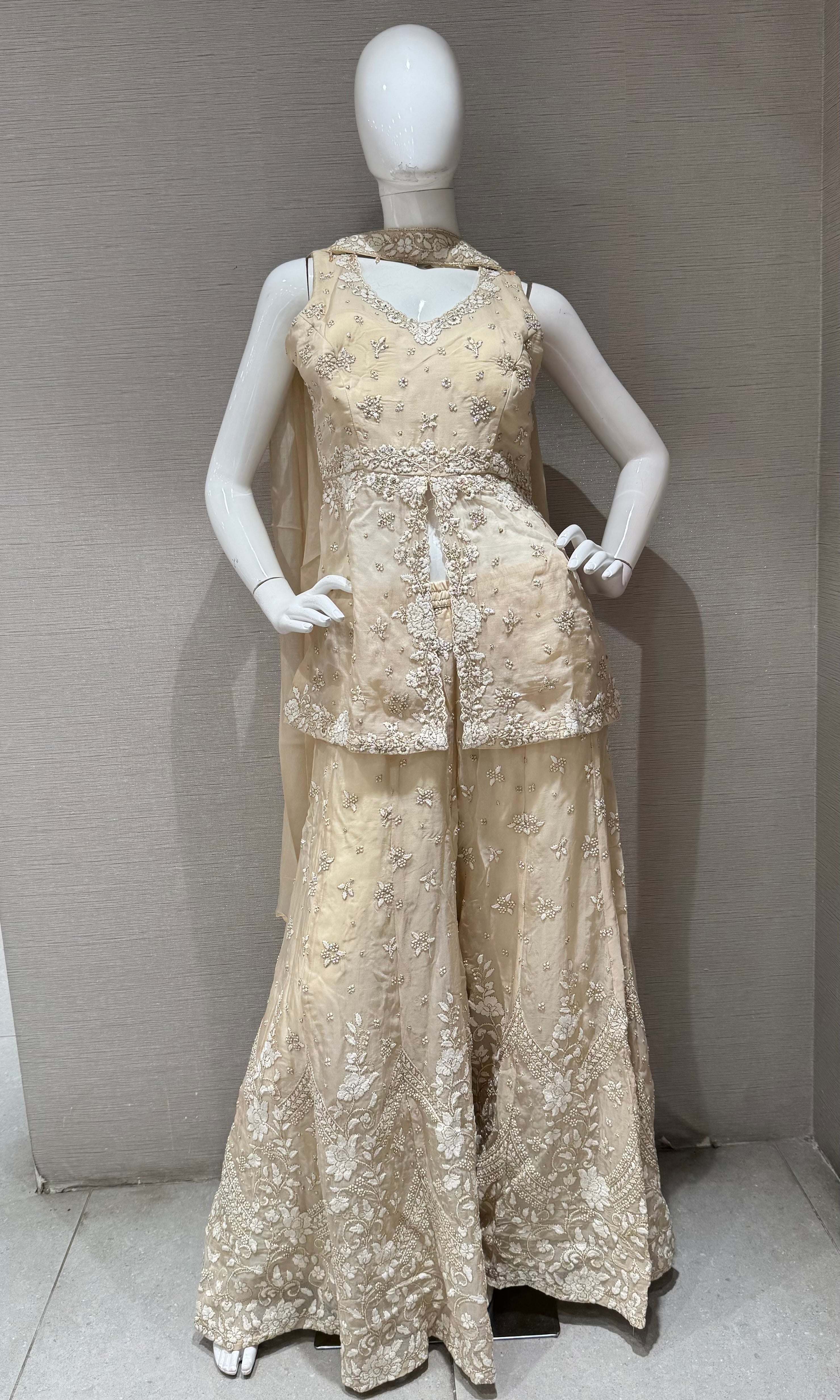 Cream Embellished Palazzo Set with Dupatta