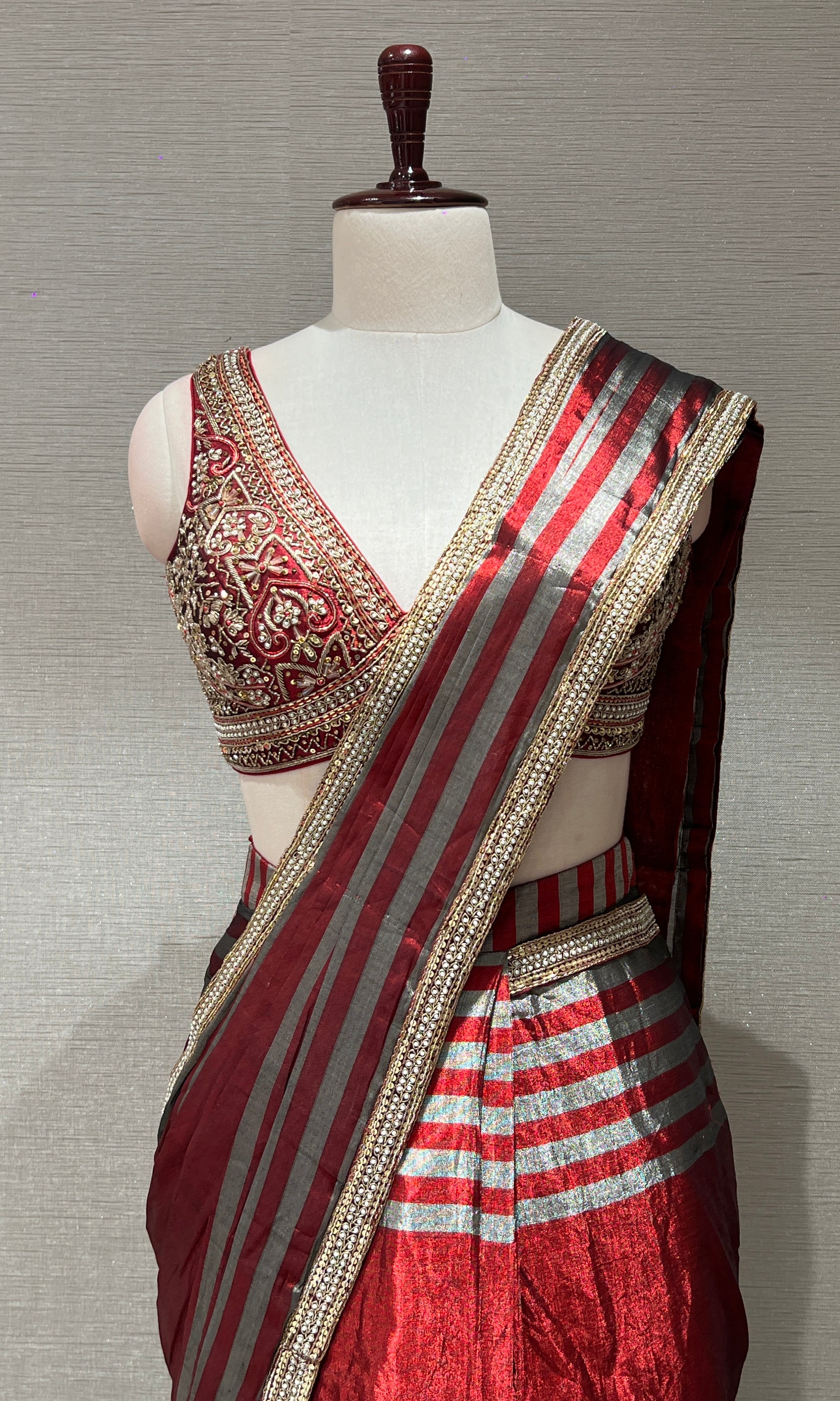 Red DRAPE SAREE WITH EMBELLISHED BLOUSE