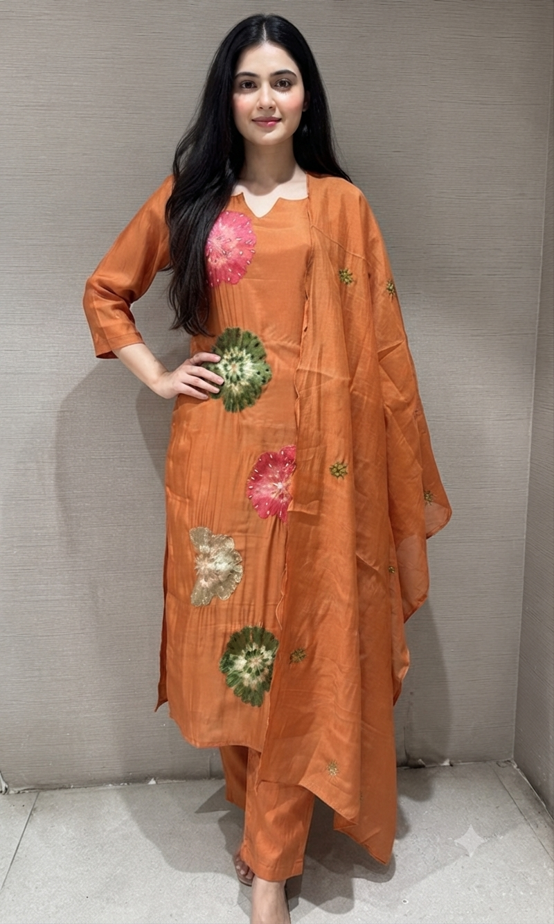 Rust cotton silk Floral Motif Kurta set with dupatta