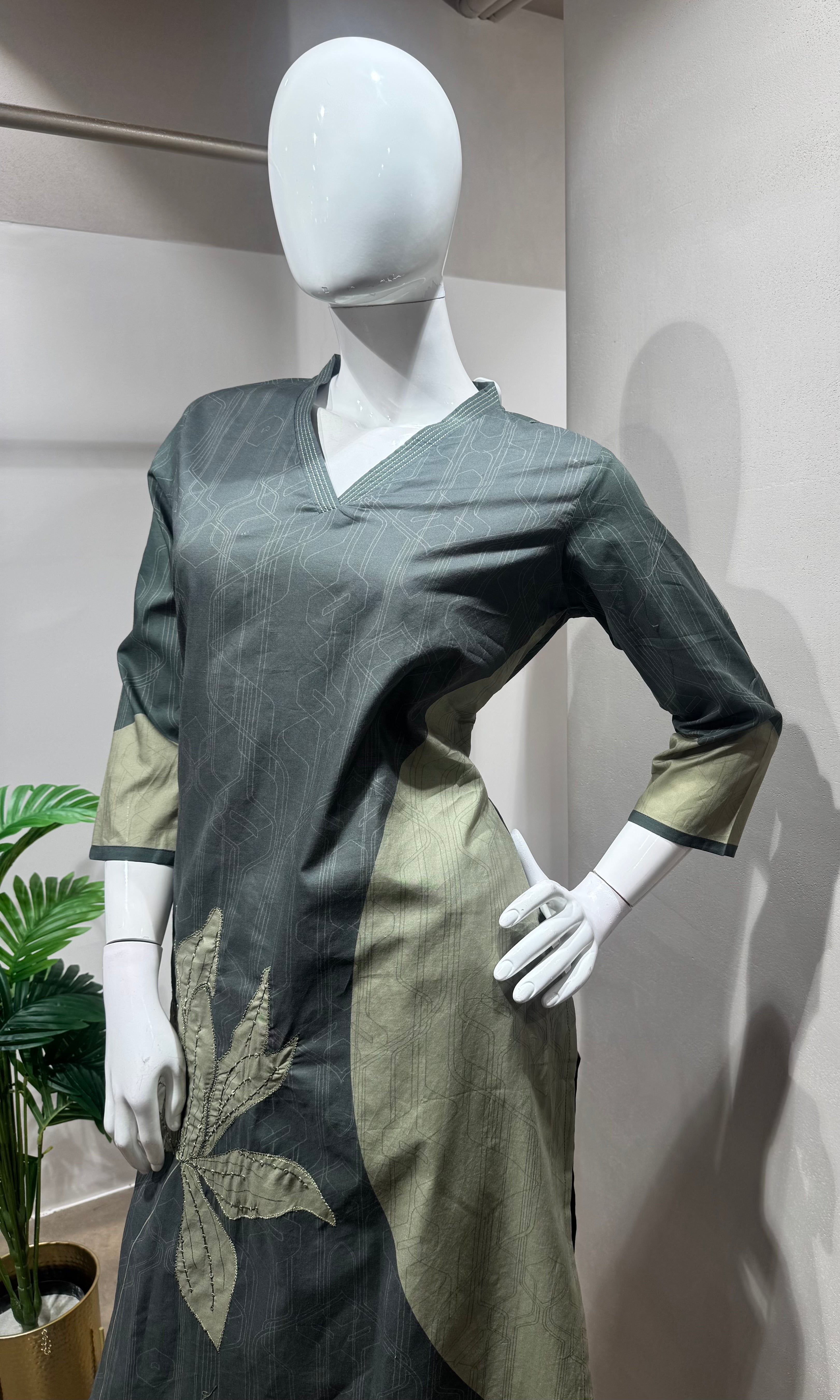 Green V-Neck Floral Embroidered kurta set
