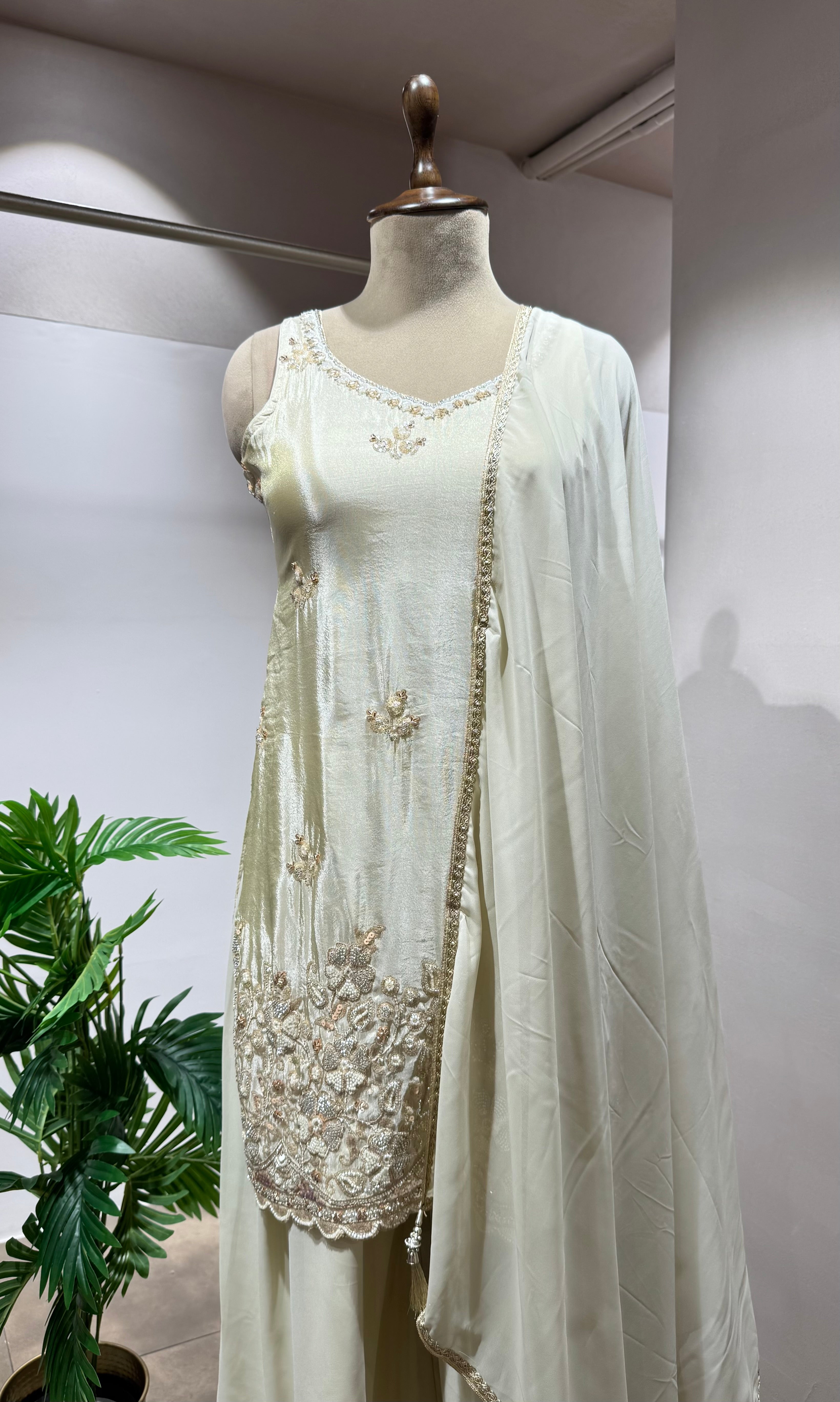 Half white INTRICATE SHARARA WITH GOLD ZARI WORK