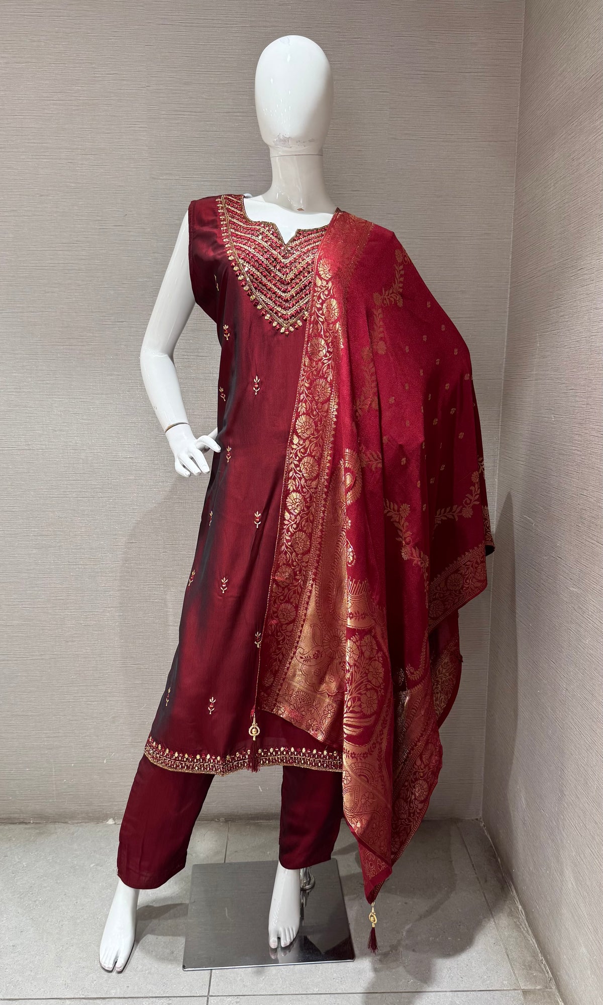 Maroon Golden Silk Embroidered Kurta Set
