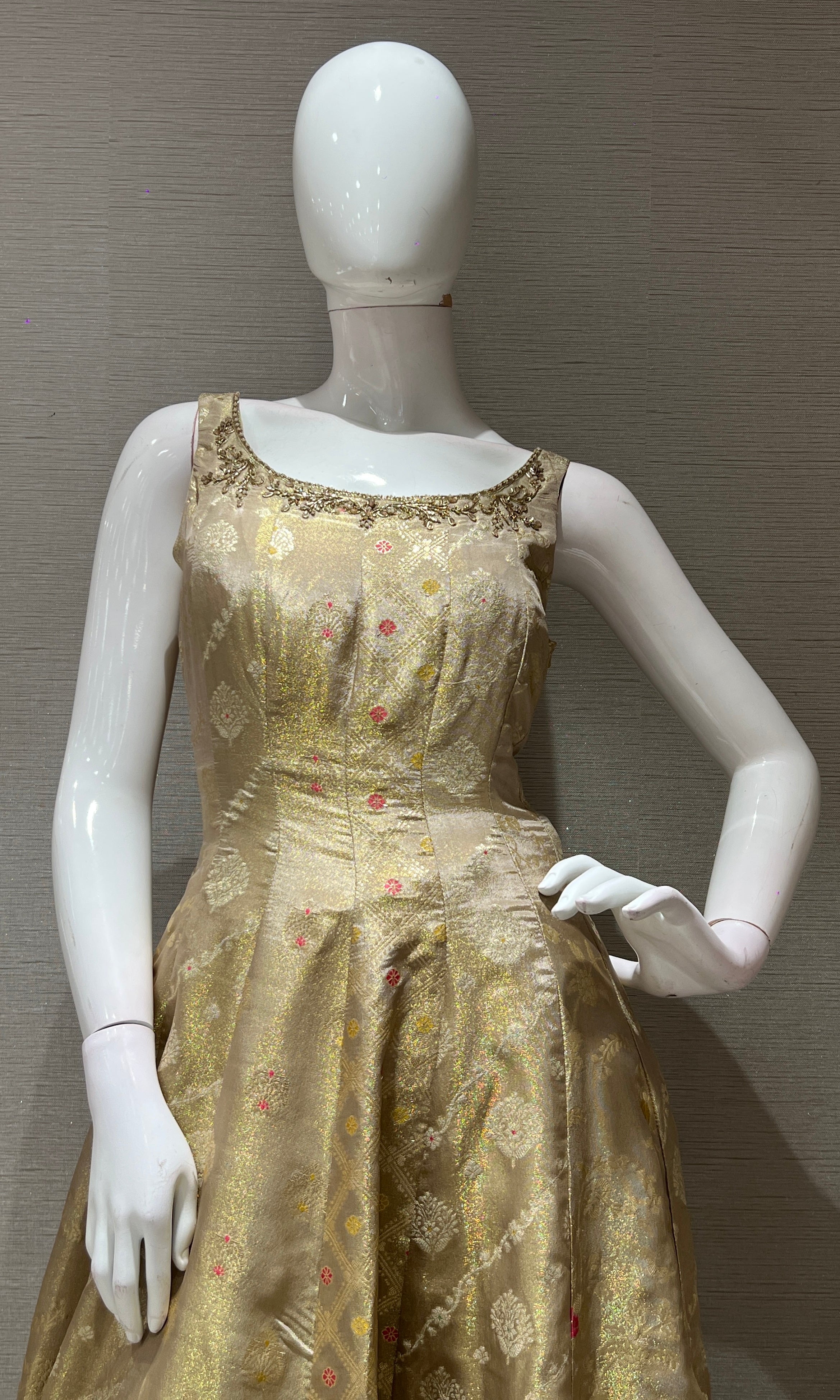 Beige Golden Anarkali Gown with Dupatta