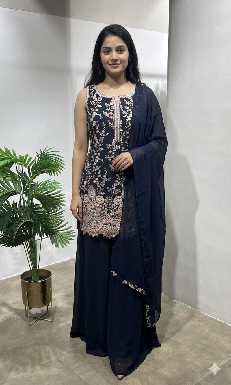 Blue Sequin & Zari Embroidered Sharara Suit