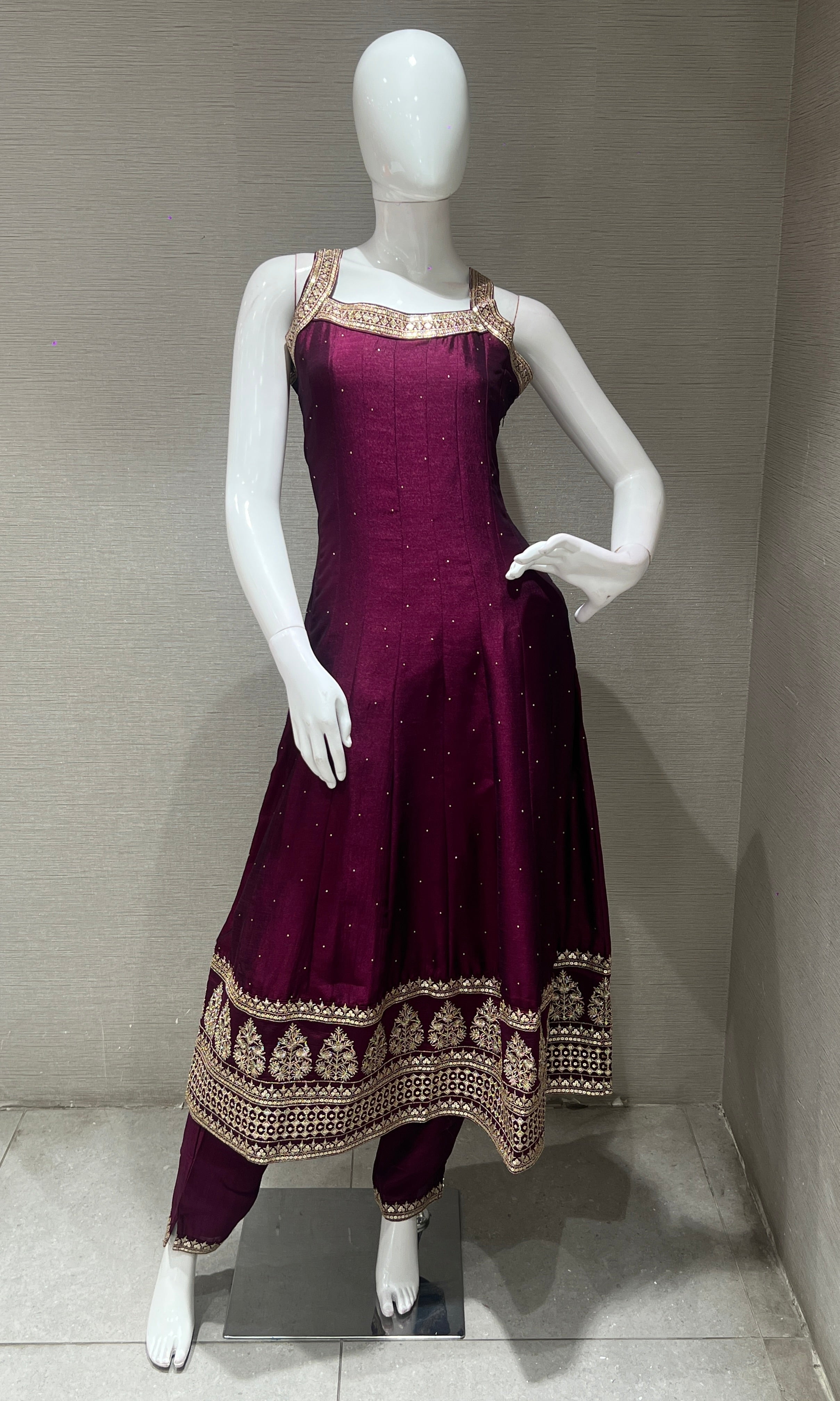 Wine anarkali set with gold embroidery