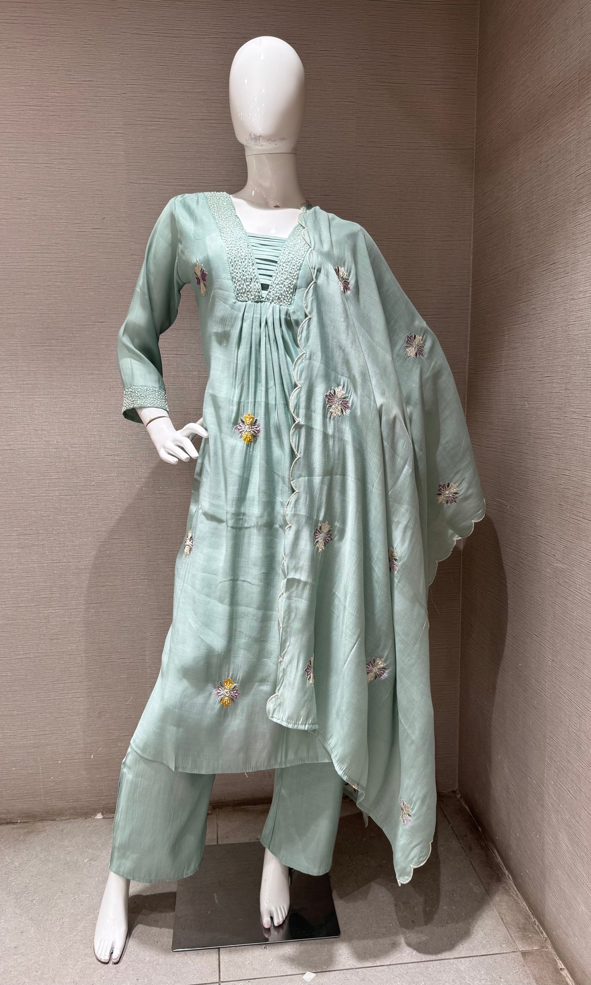 Light Blue Floral Embroidered Cotton Kurta Set with Dupatta