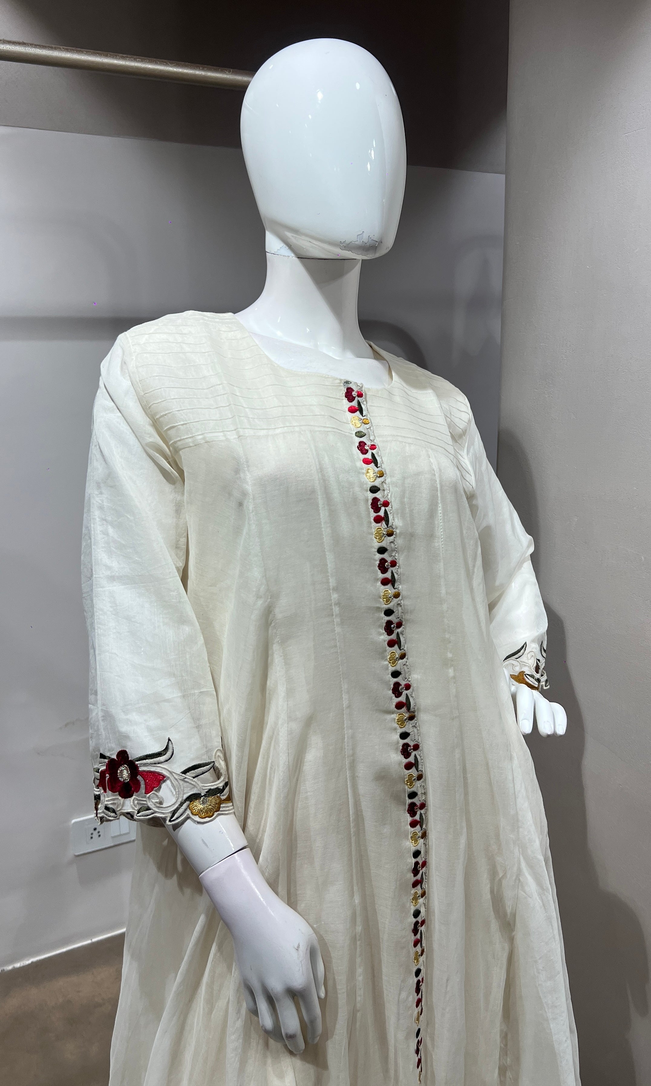 White Cotton Blend Flared Kurta set with Intricate Border