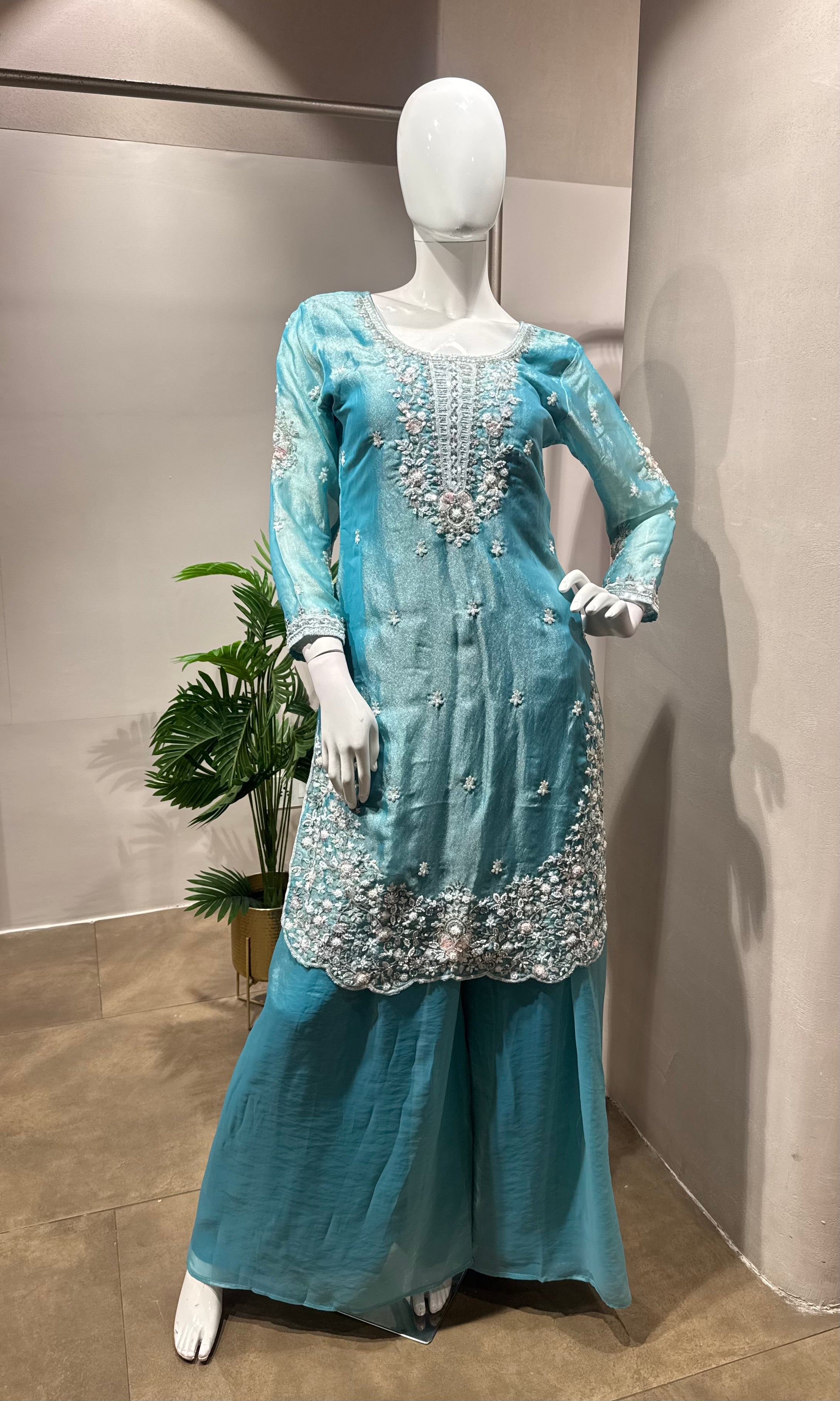 Sky Blue Embroidered Silk Palazzo set
