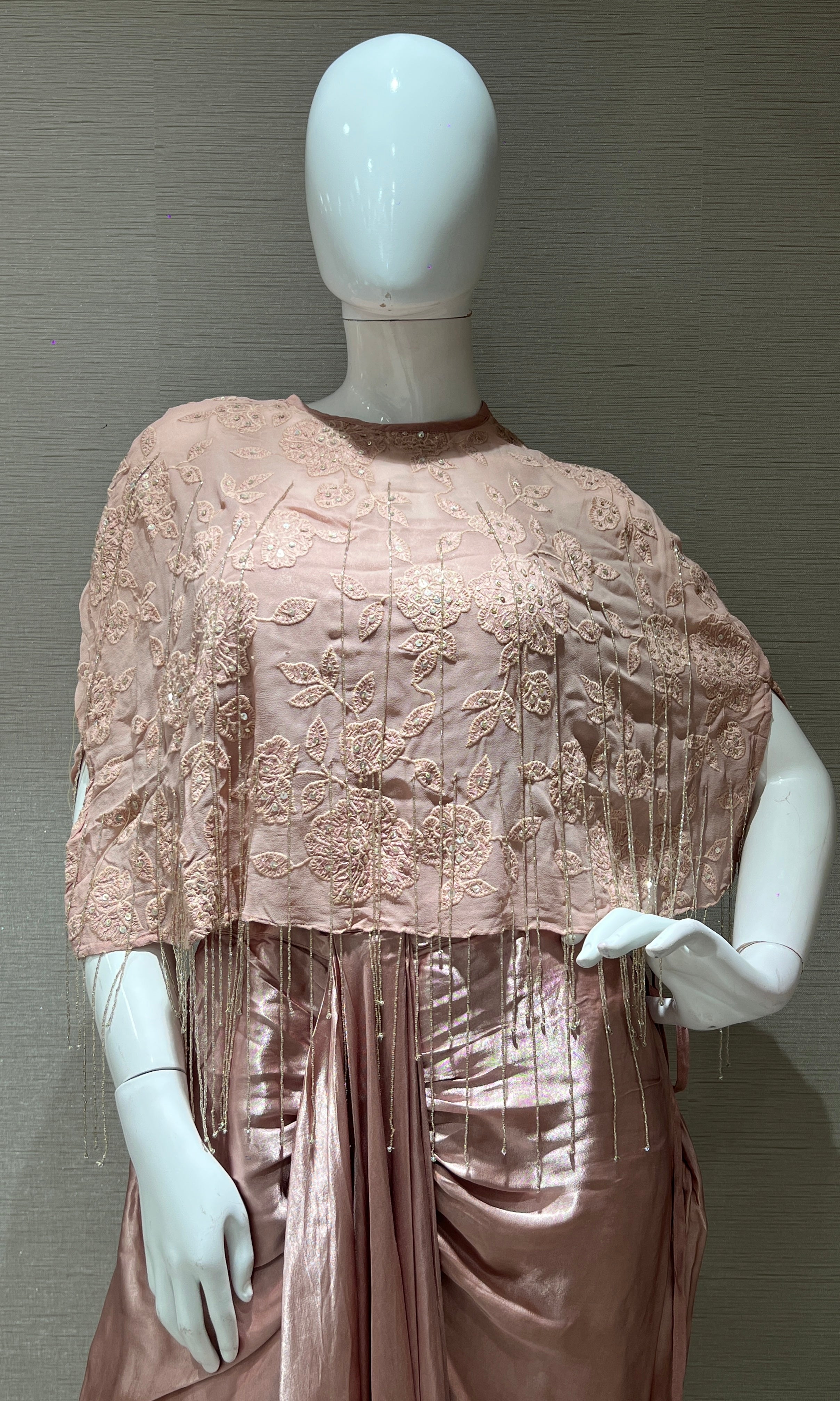 Blush Pink Cape with Draped Satin Dhoti Skirt Indo western