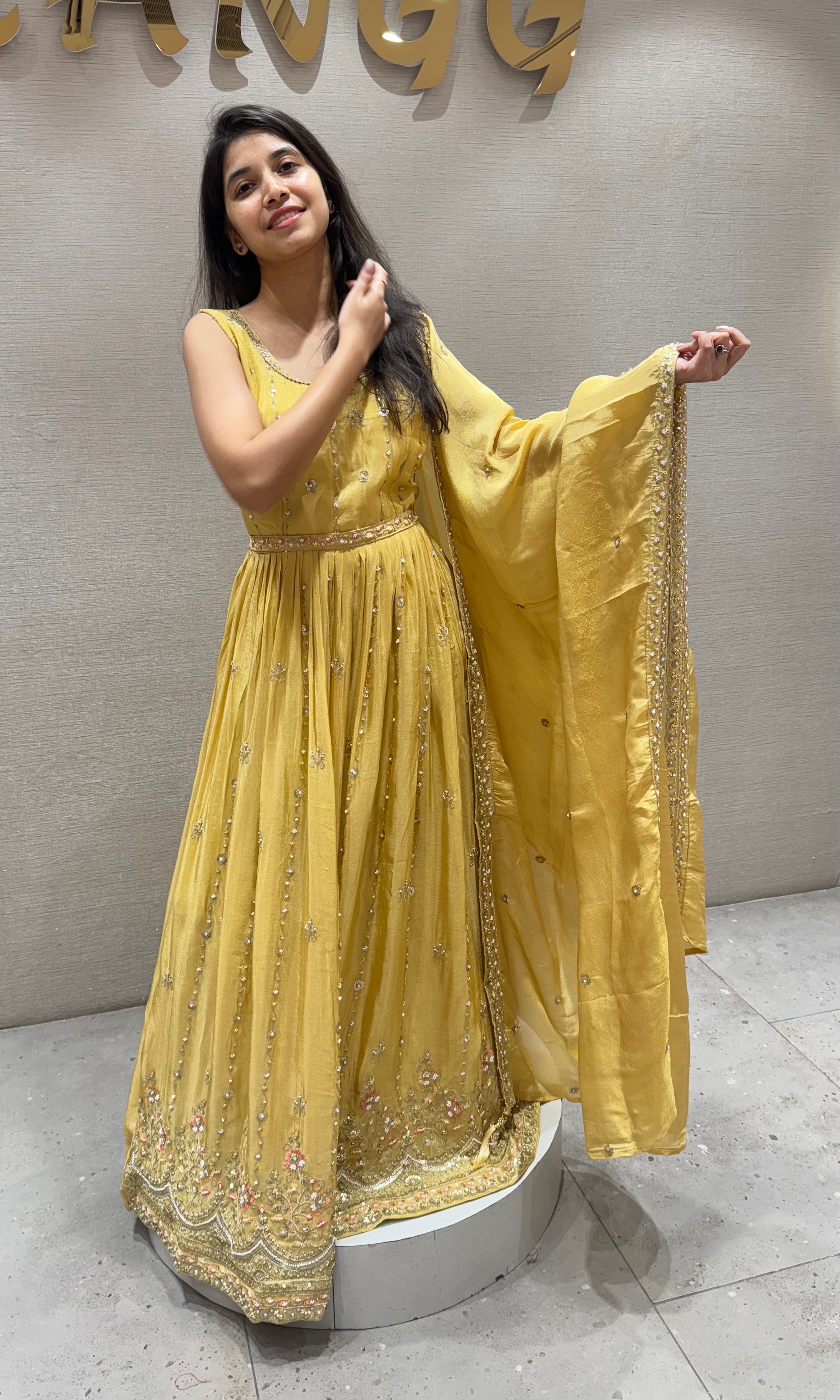 Light yellow golden embroidery anarkali