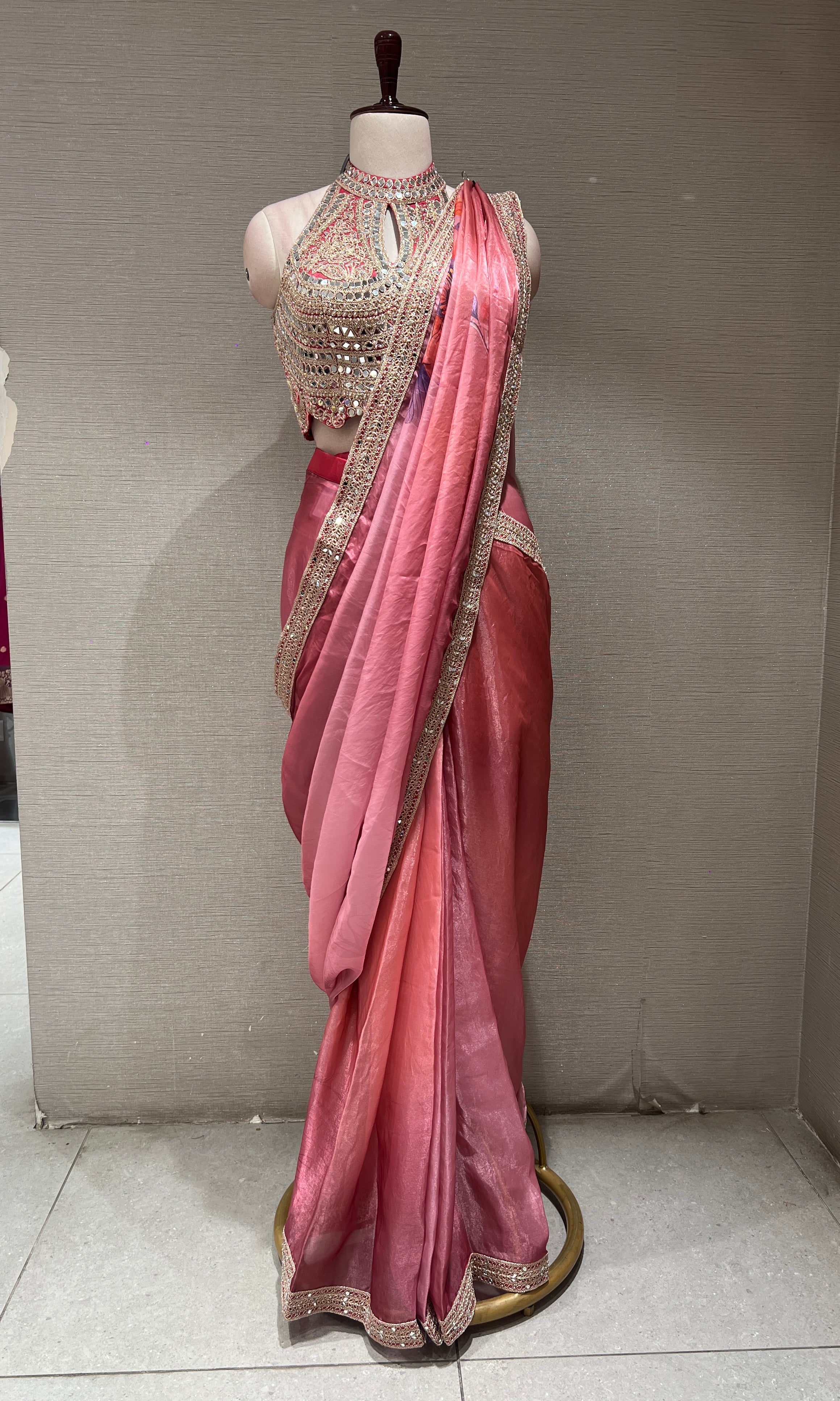 blush pink saree with Embellished halter neck blouse