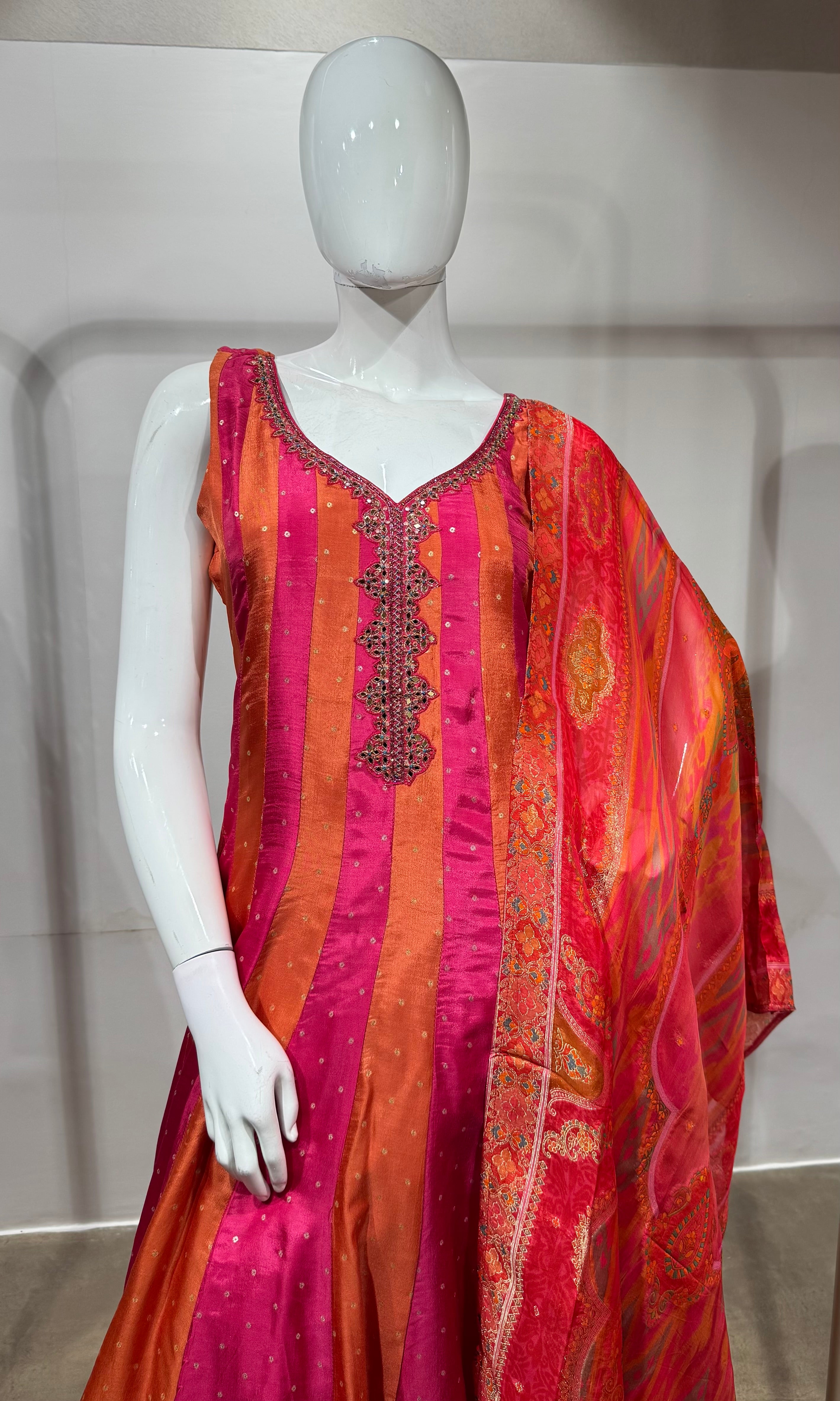 Rani Pink & Sunset Orange Striped Anarkali Set