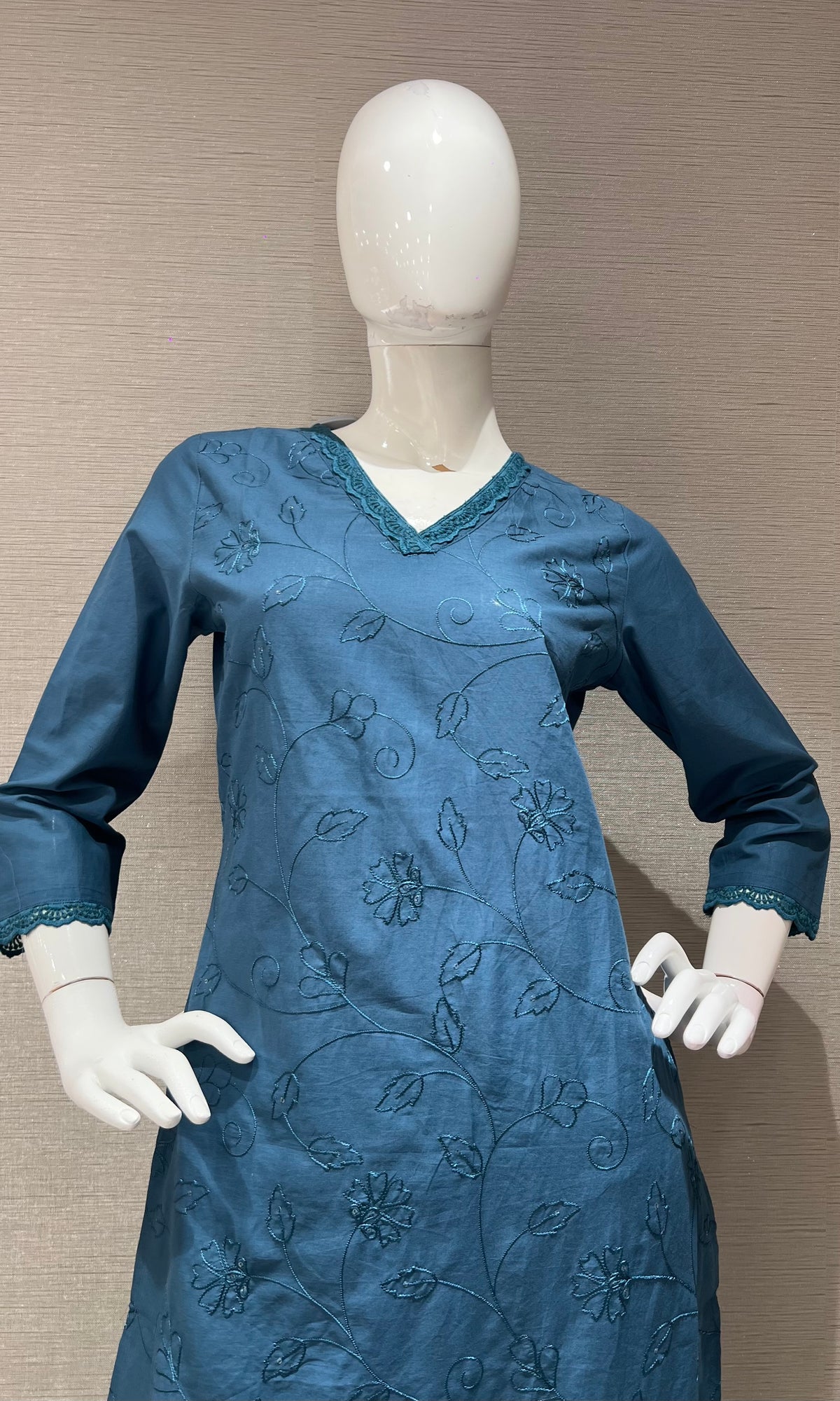 Blue Cotton Kurta Set with Pink Floral Embroidery