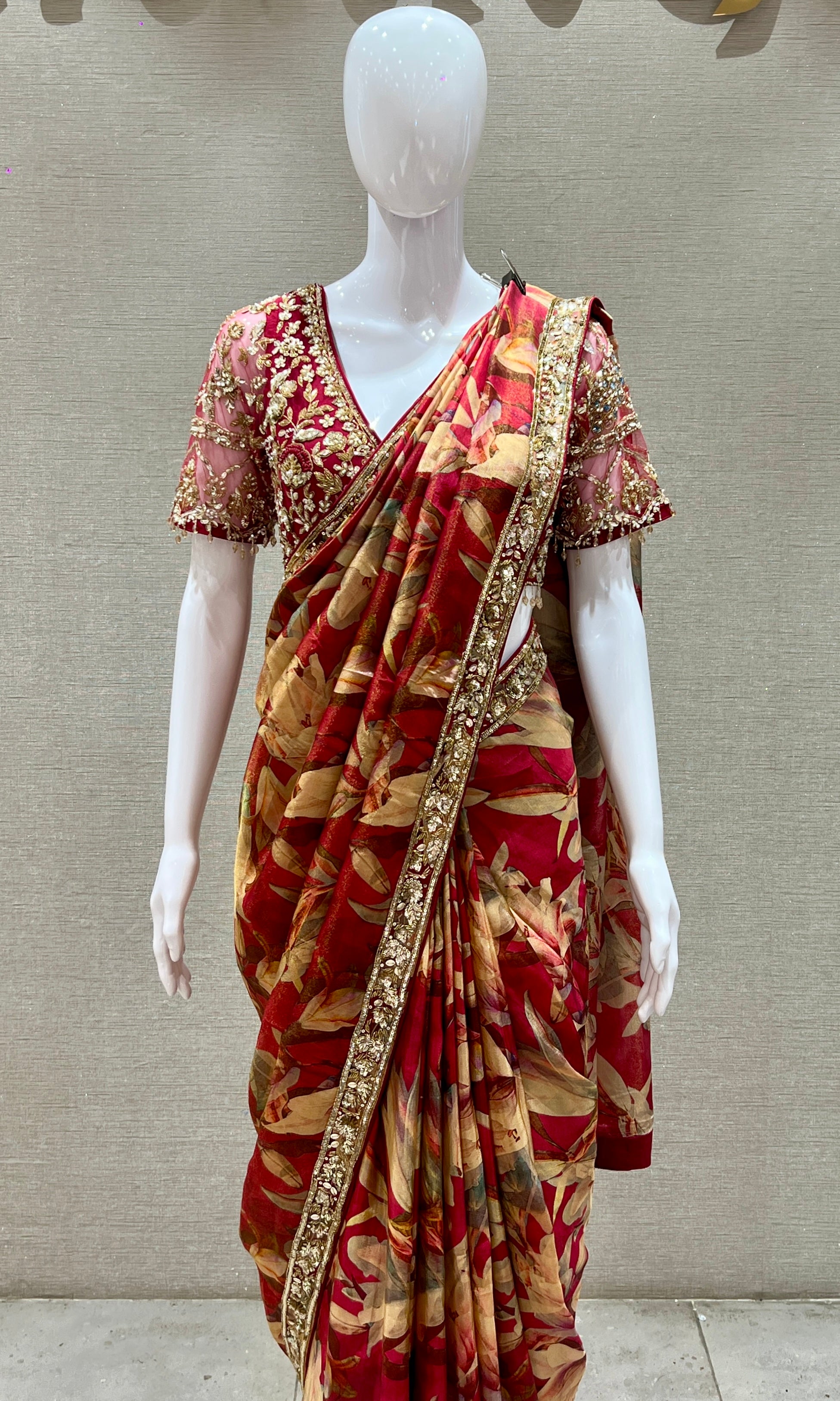 Red saree with ready blouse
