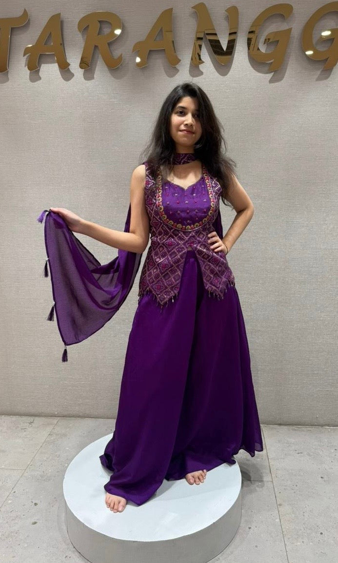Purple palazzo Set with Layered Jacket Style Blouse