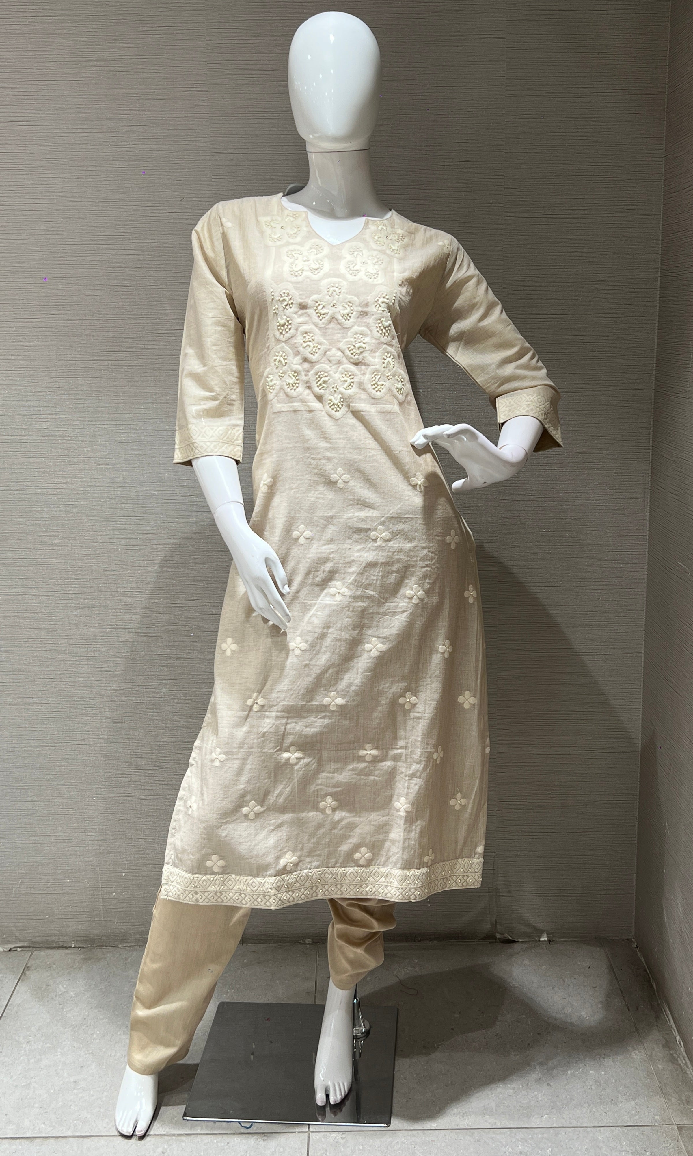 Cream Thread Embroidery Kurta Set
