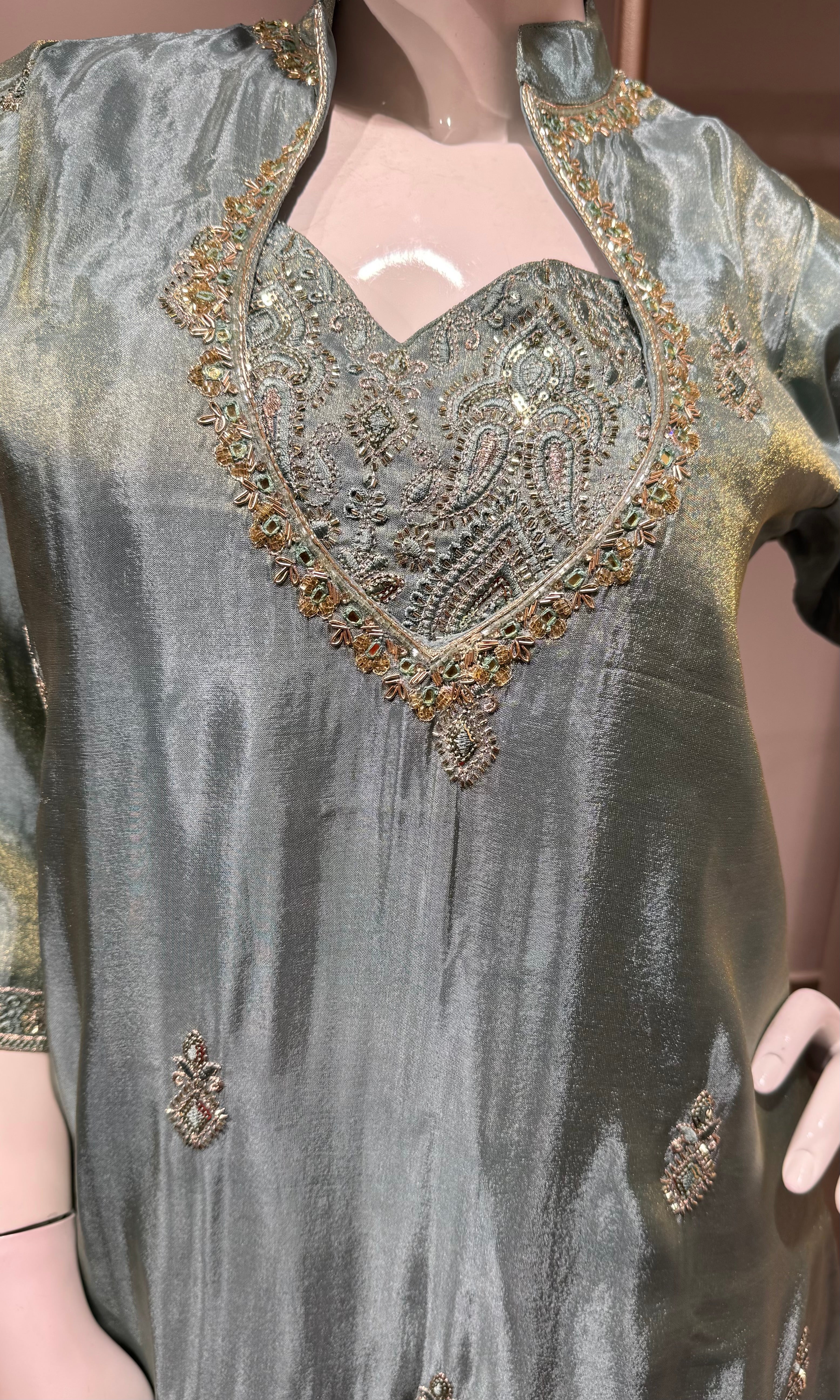 GREEN SHIMMER TISSUE SALWAR WITH FARSI PANTS