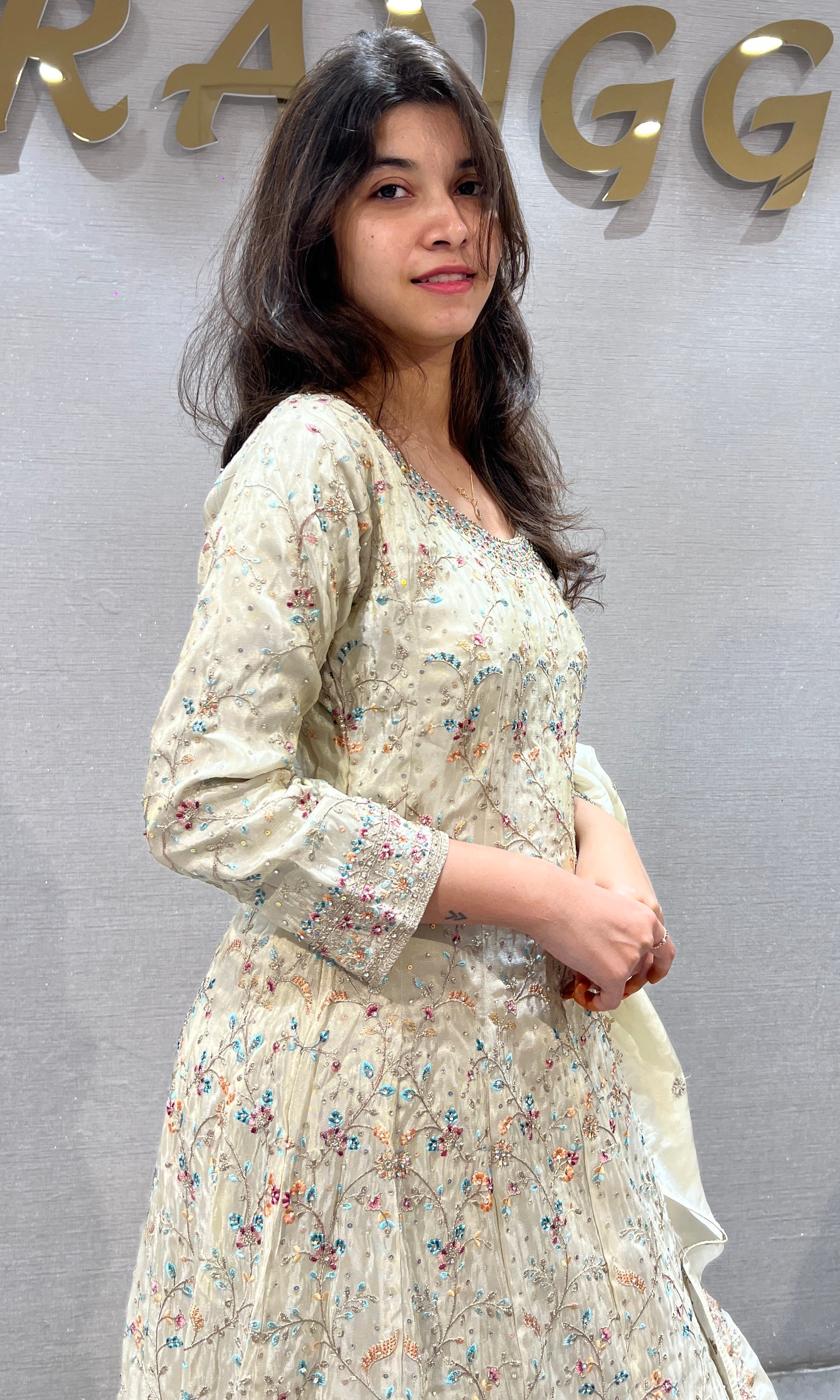 Cream Sequins and Beads Anarkali set with Dupatta