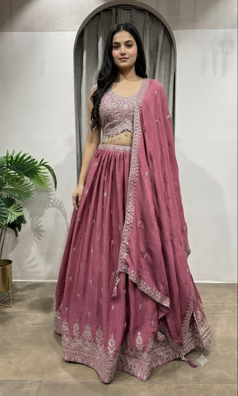 PINK Flared Lehenga Choli with Border Embroidery