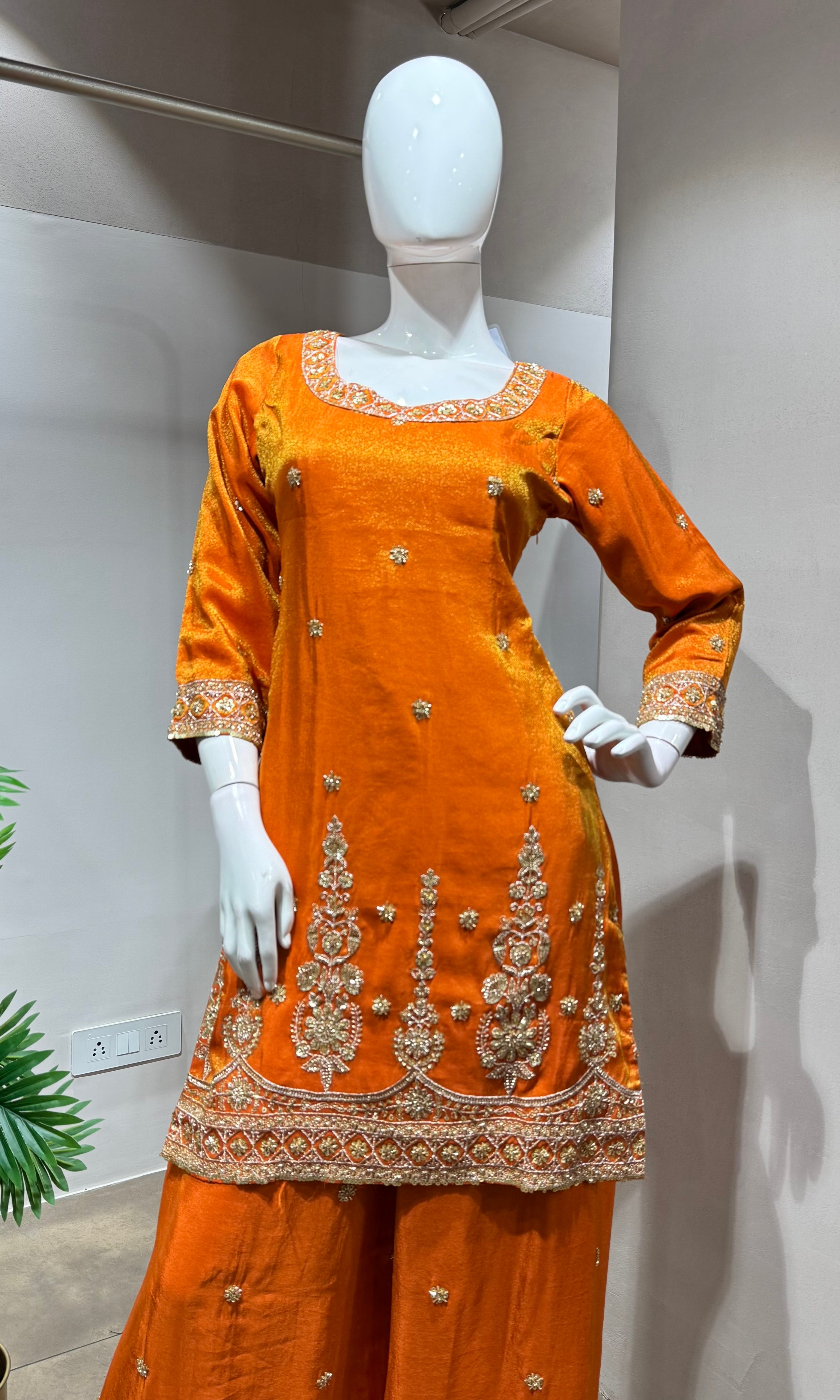 Orange  gold zari work sharara set
