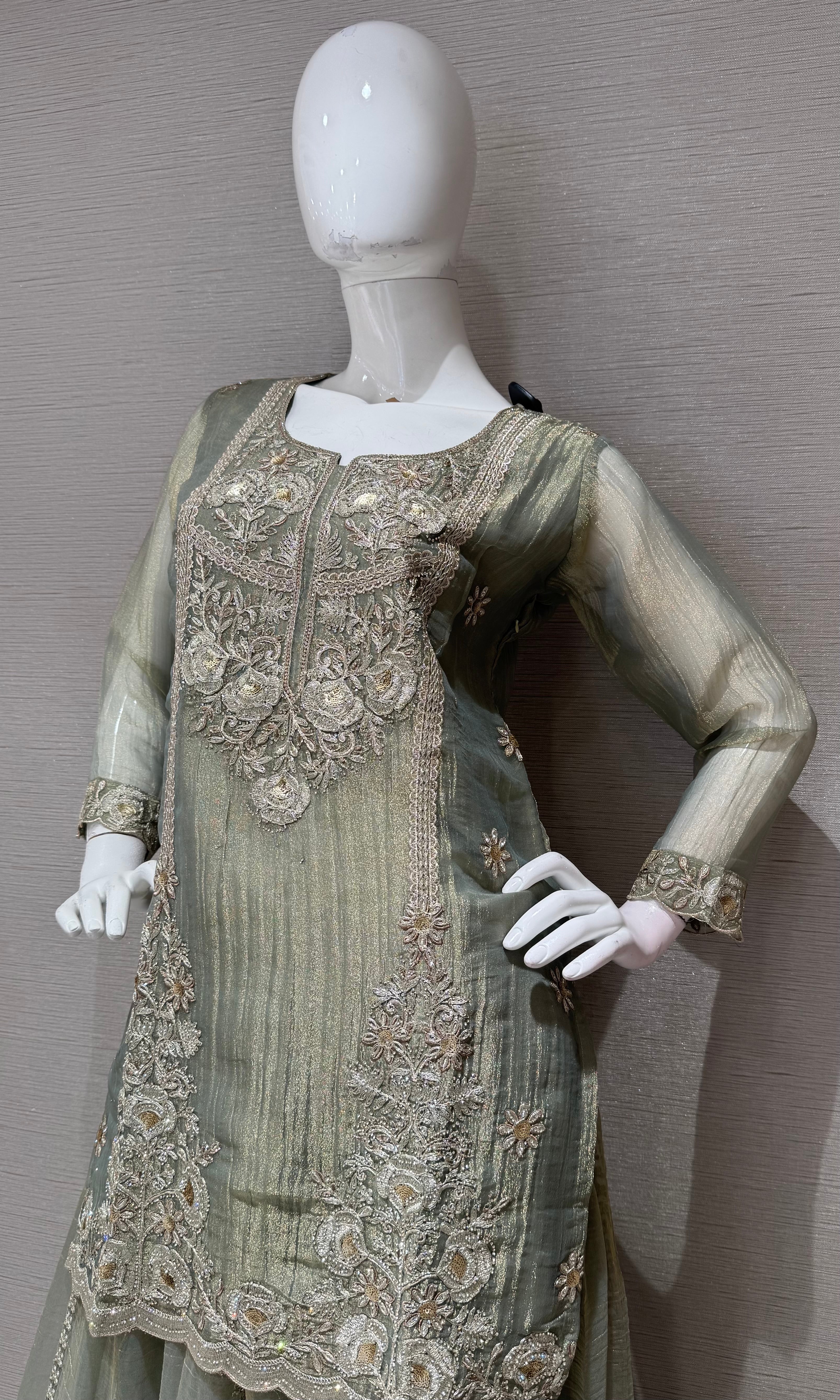 Pista green Shimmer gold embroidered Sharara Set