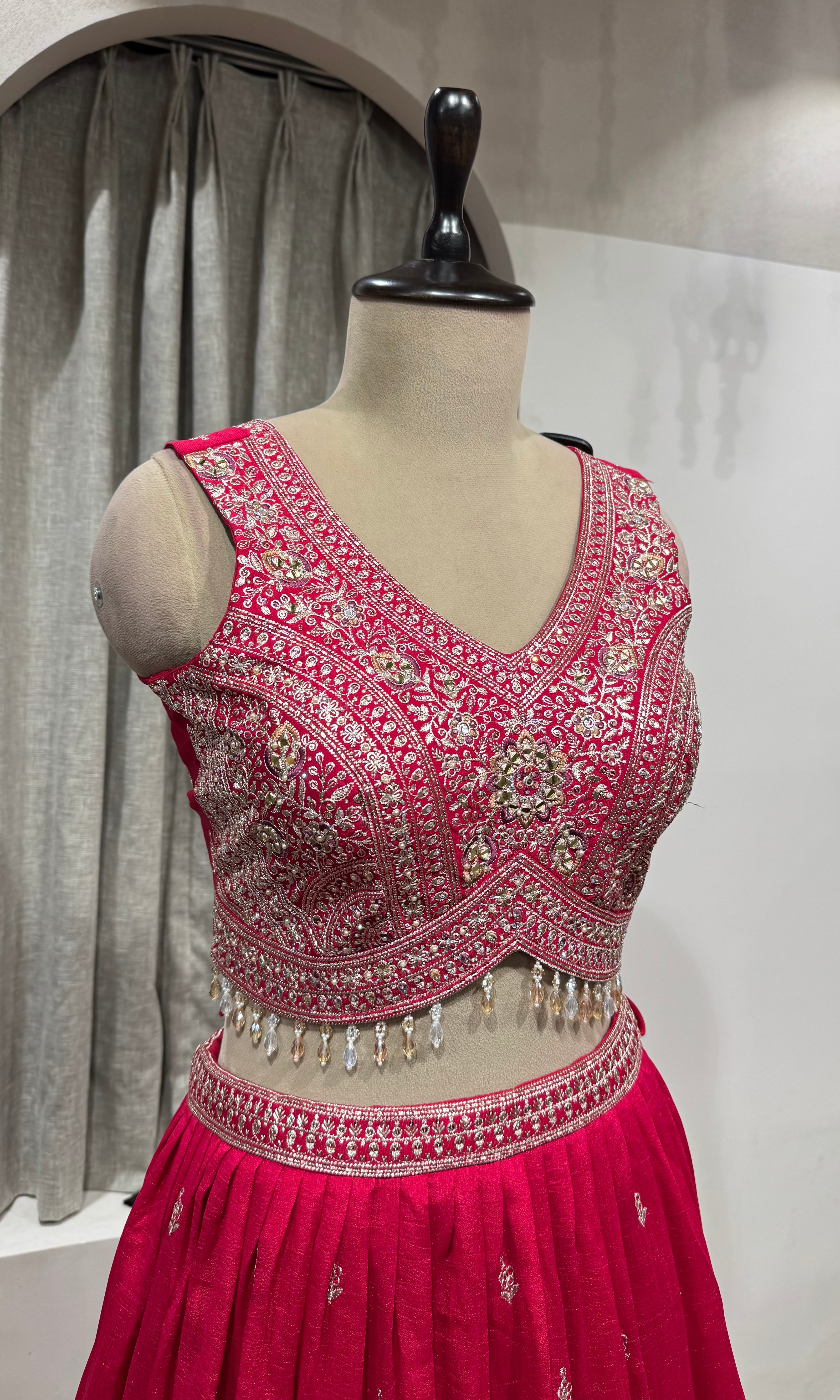 pink raw silk embroidered lehenga set
