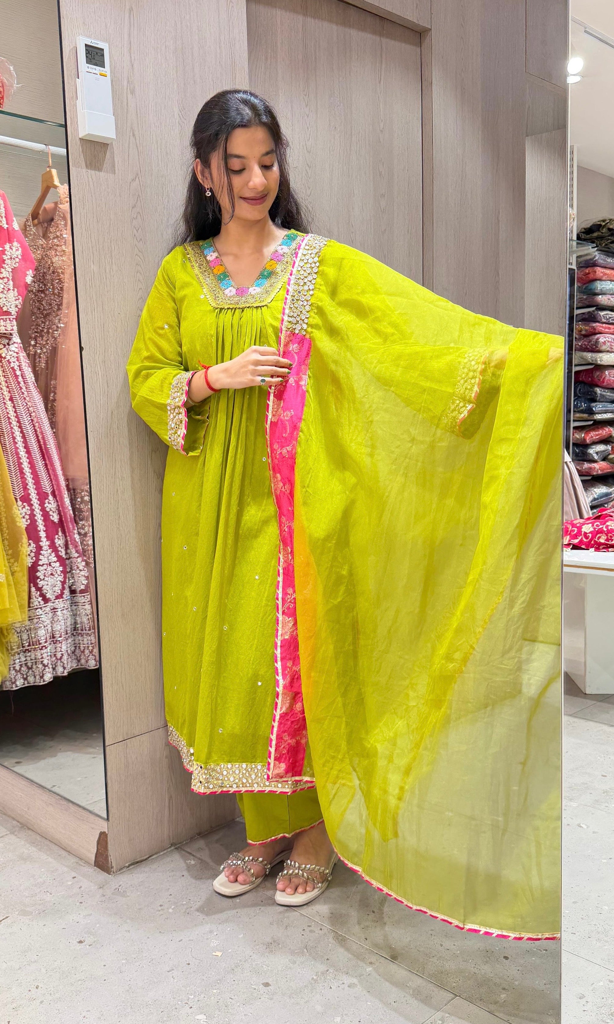 GREEN FLORAL NECK A LINE kurta set