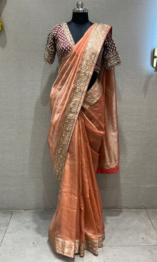 Wine and rust orange saree with ready blouse 1888