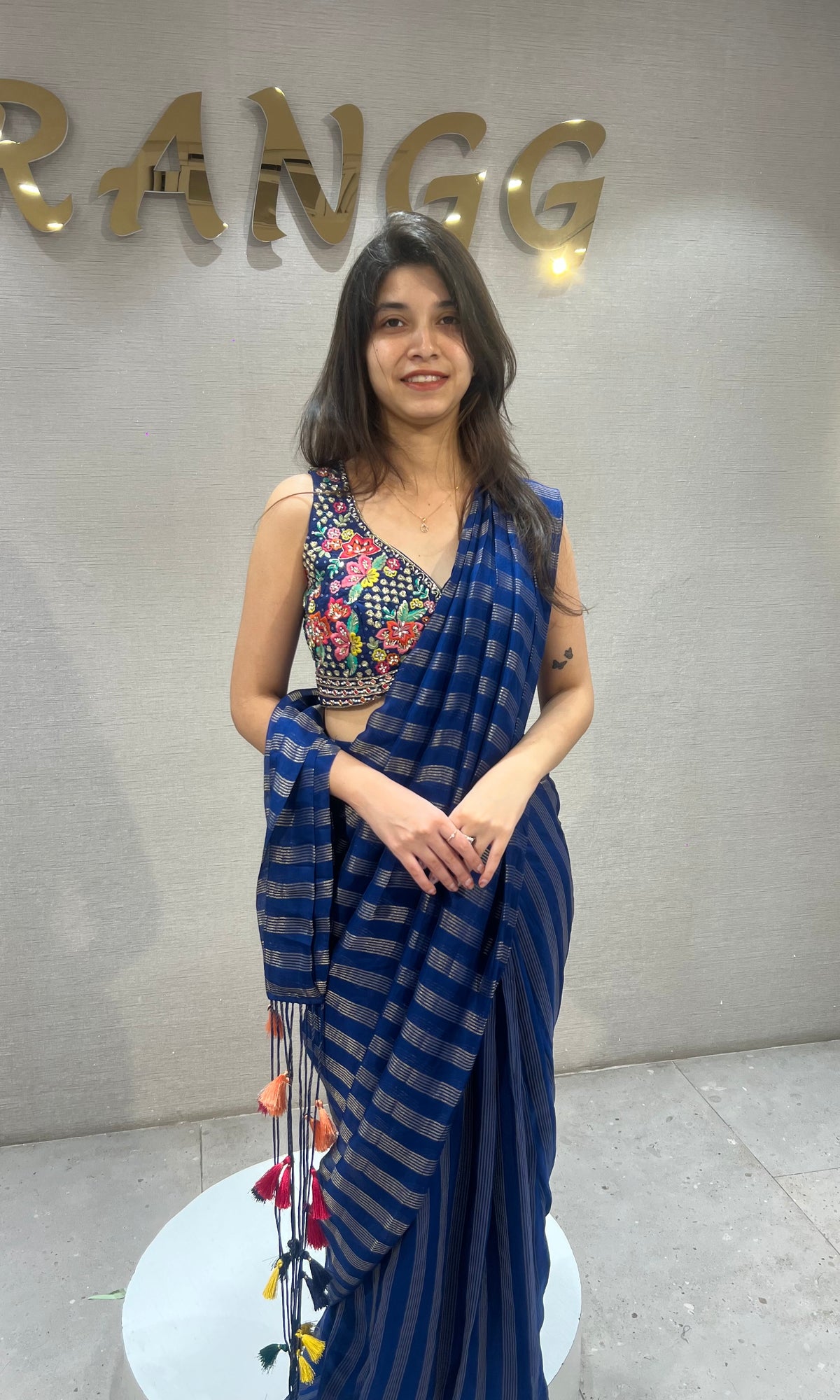blue and silver striped Drape saree with intricate blouse