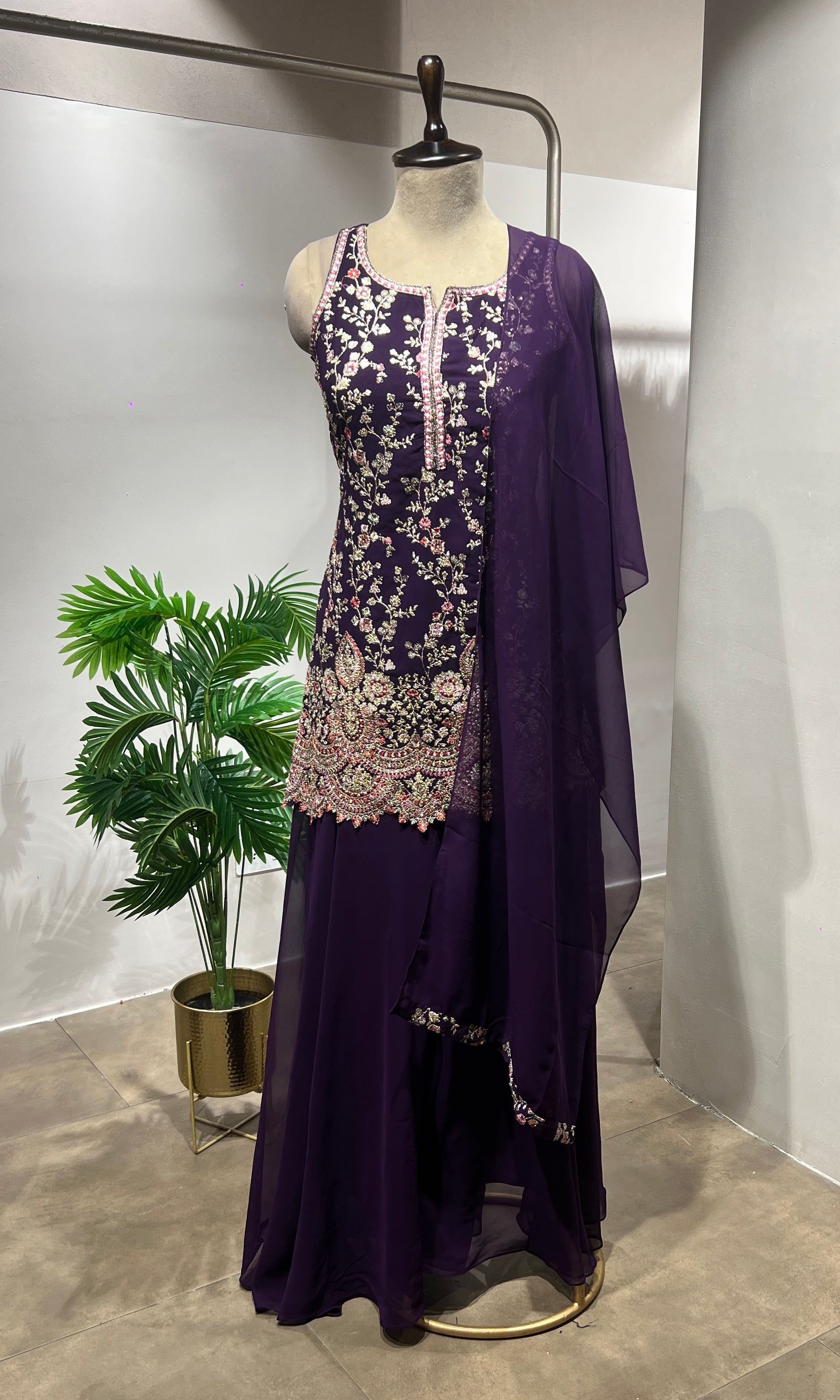 Wine Sequin & Zari Embroidered Sharara Suit