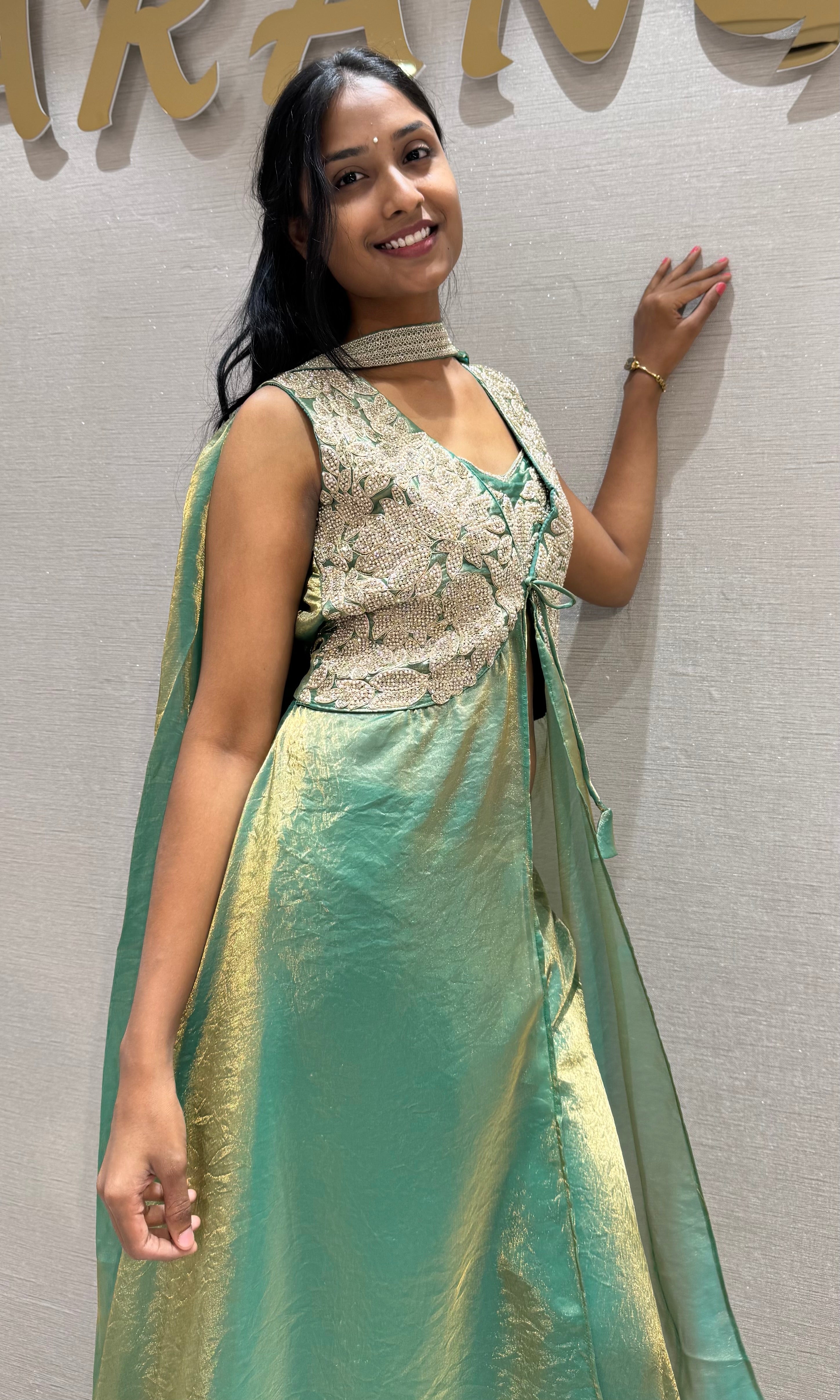Rama Green Shimmer Tissue Palazzo Set