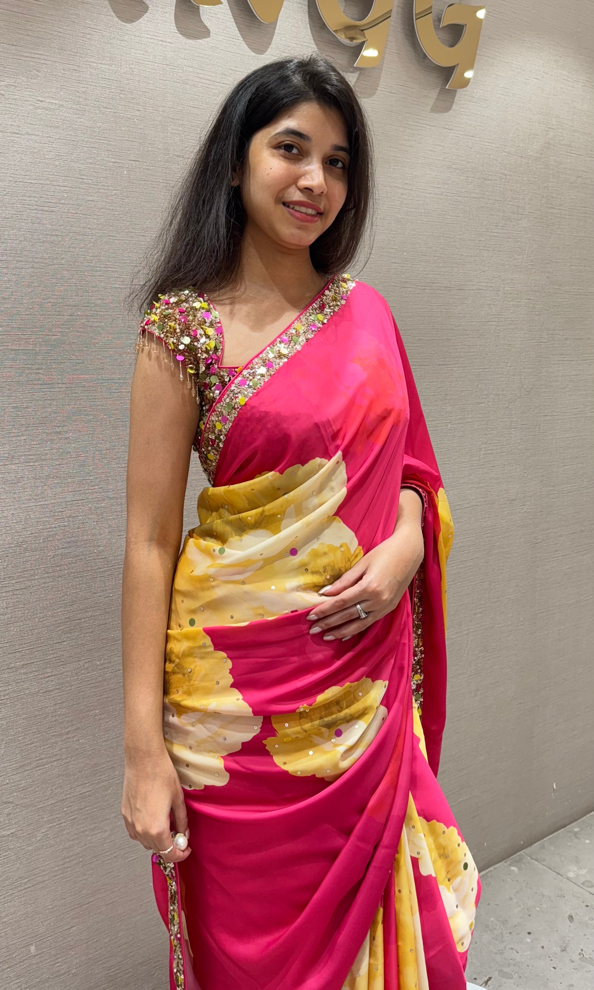 Pink Floral Saree WITH EMBROIDERED BLOUSE