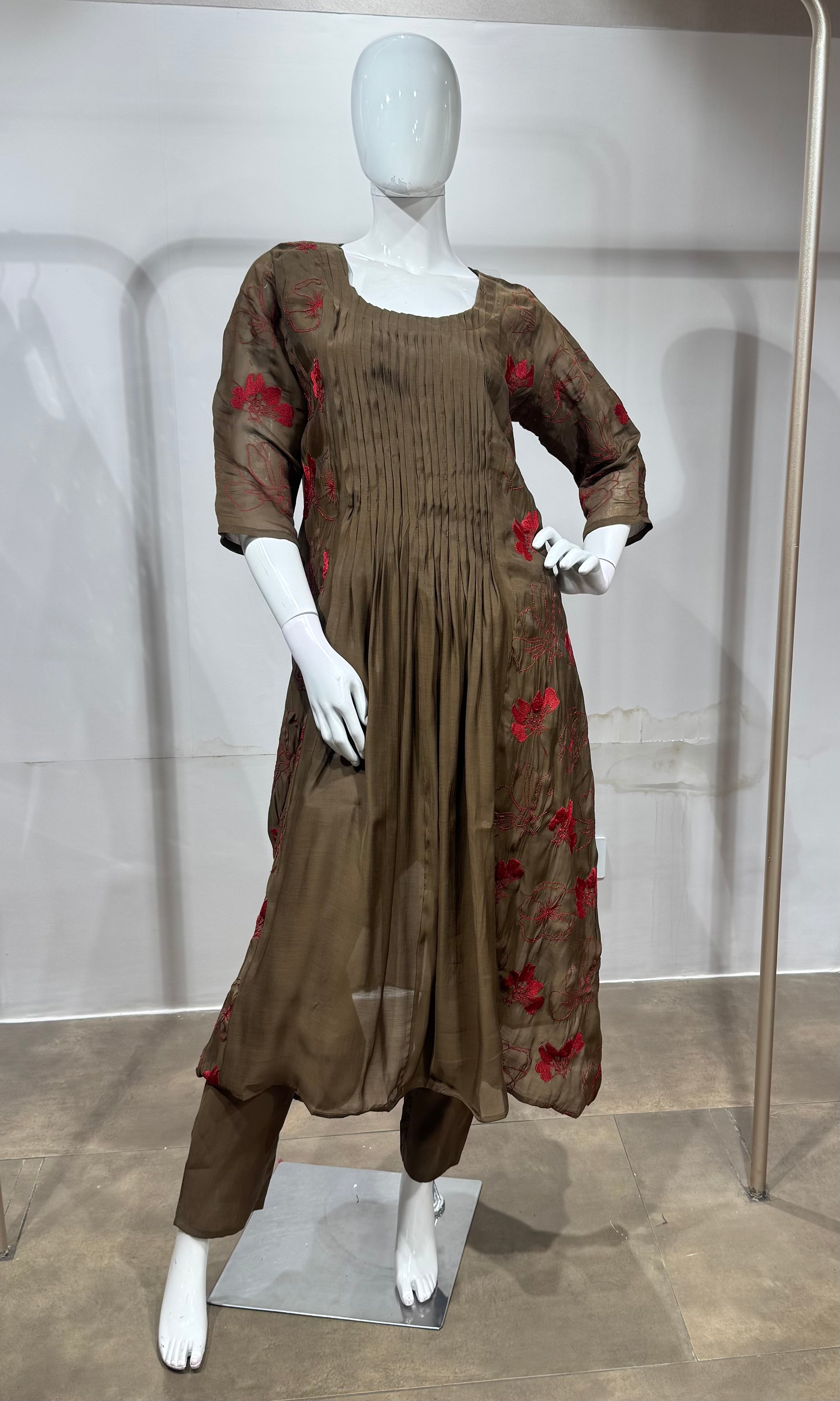 Brown Embroidered Mul Cotton Kurta Set