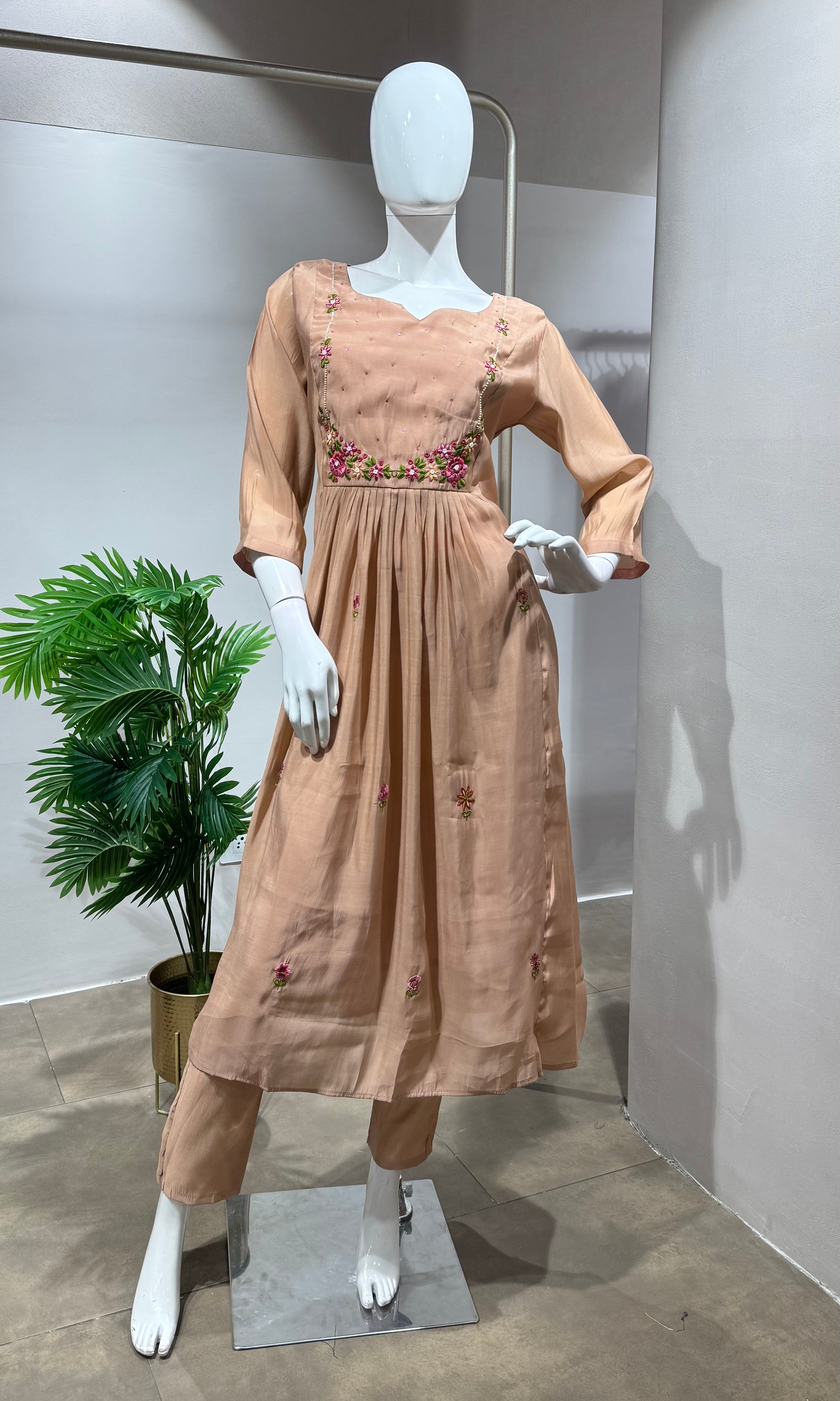 Peach Embroidered Mul Chanderi kurta set