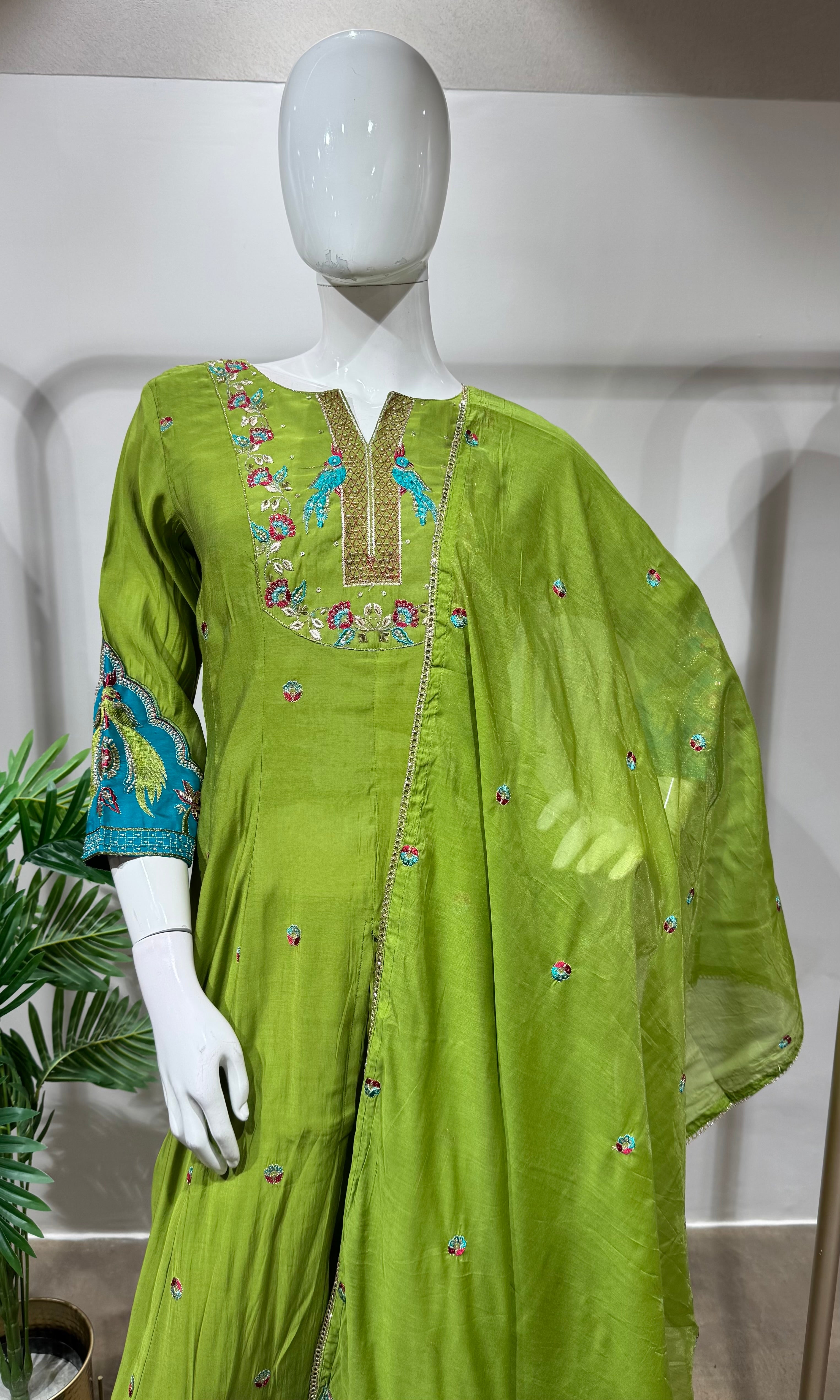Green embroidered anarkali with palazzo pants