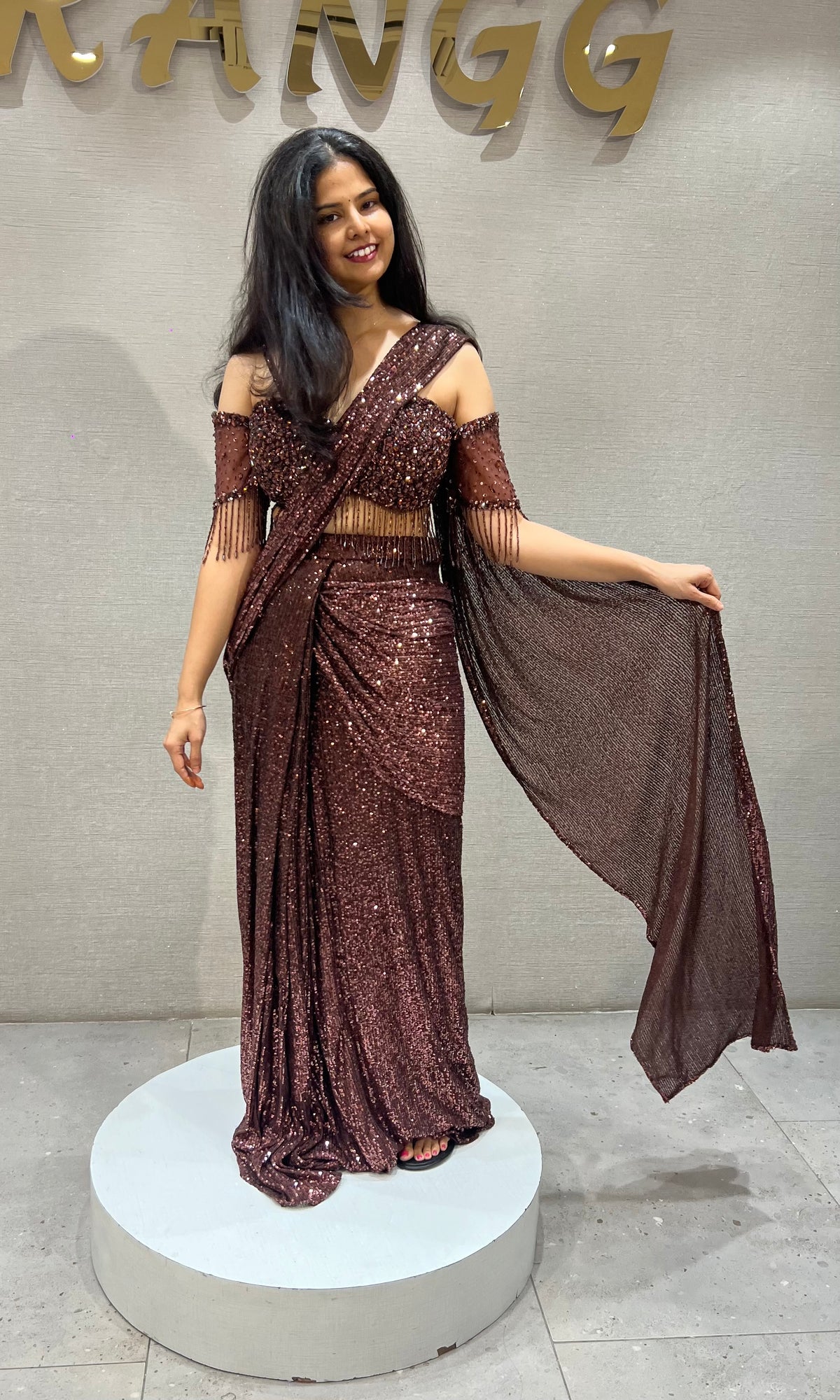 Copper Sequined Draped Saree with Off-Shoulder Blouse