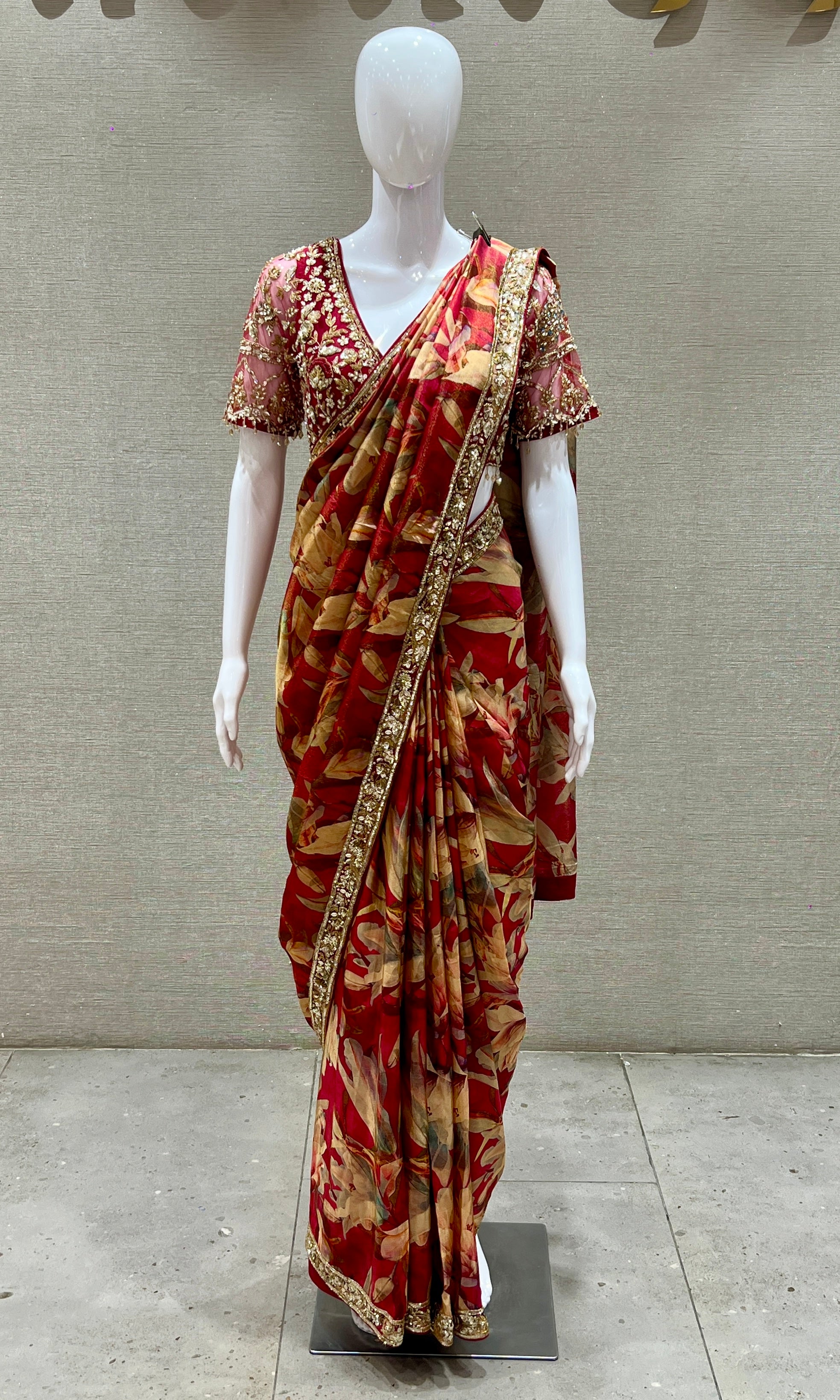 Red saree with ready blouse
