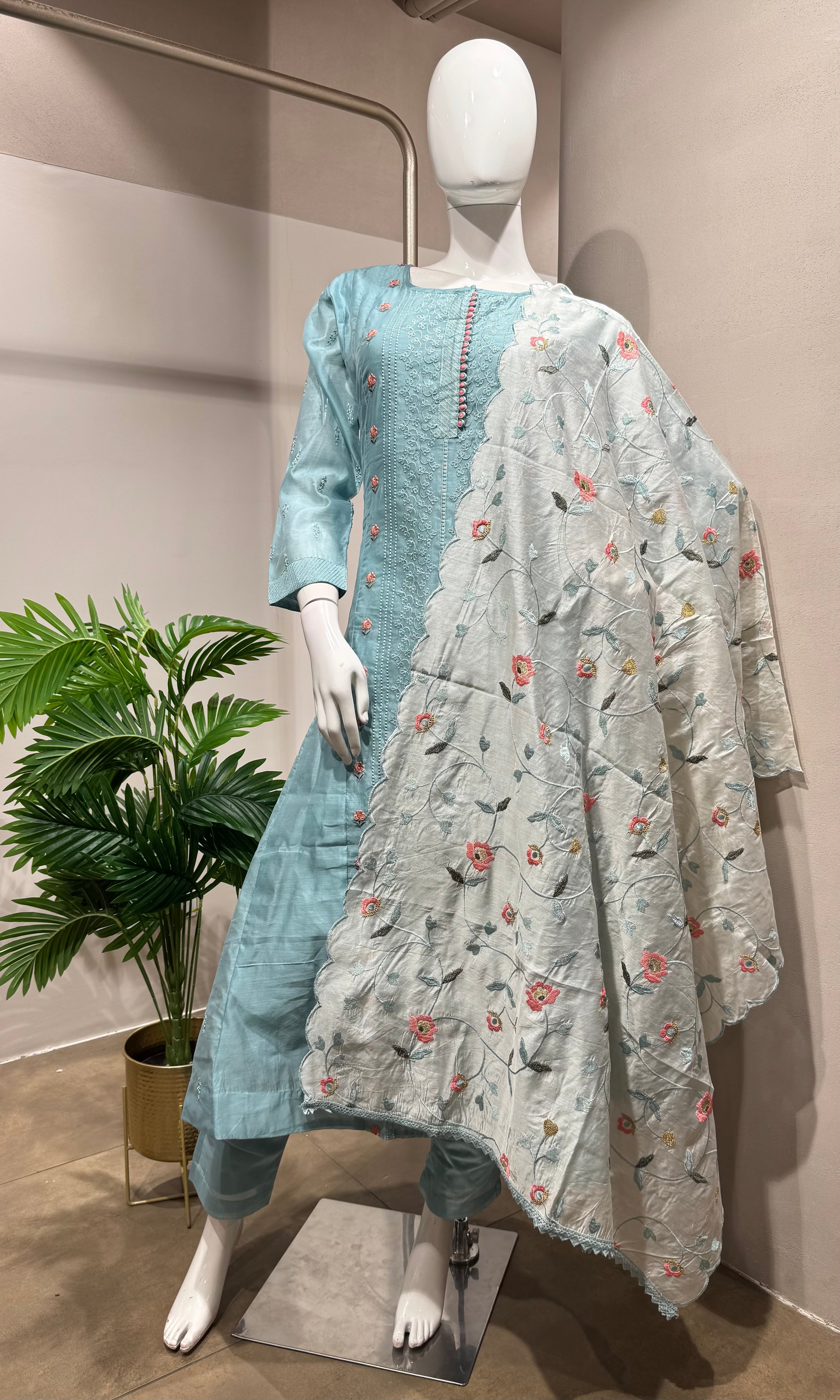 BLUE Floral Cotton Kurta set with dupatta