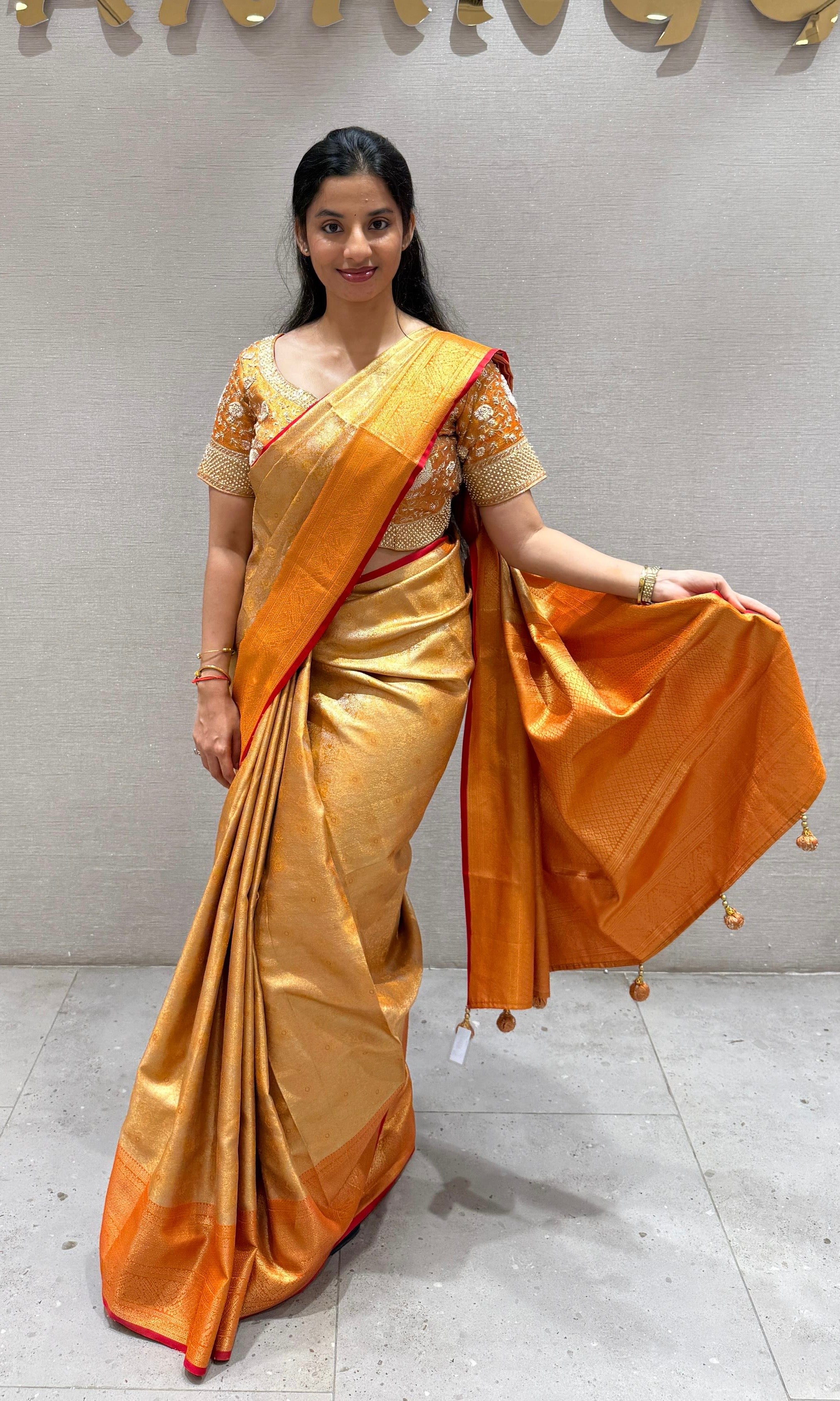 Orange  pattu saree with ready blouse