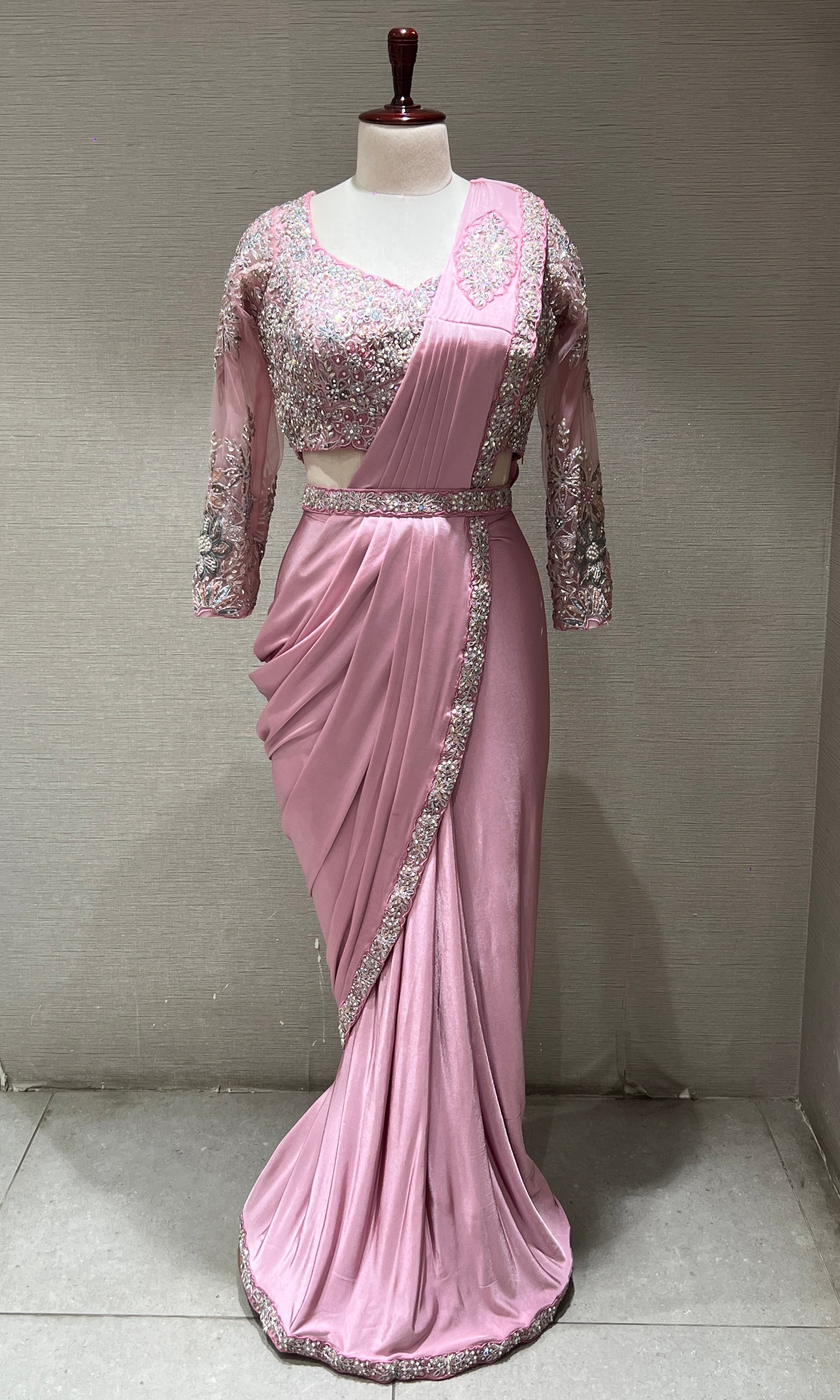 PINK DRAPE SAREE WITH FLORAL BLOUSE & BELT