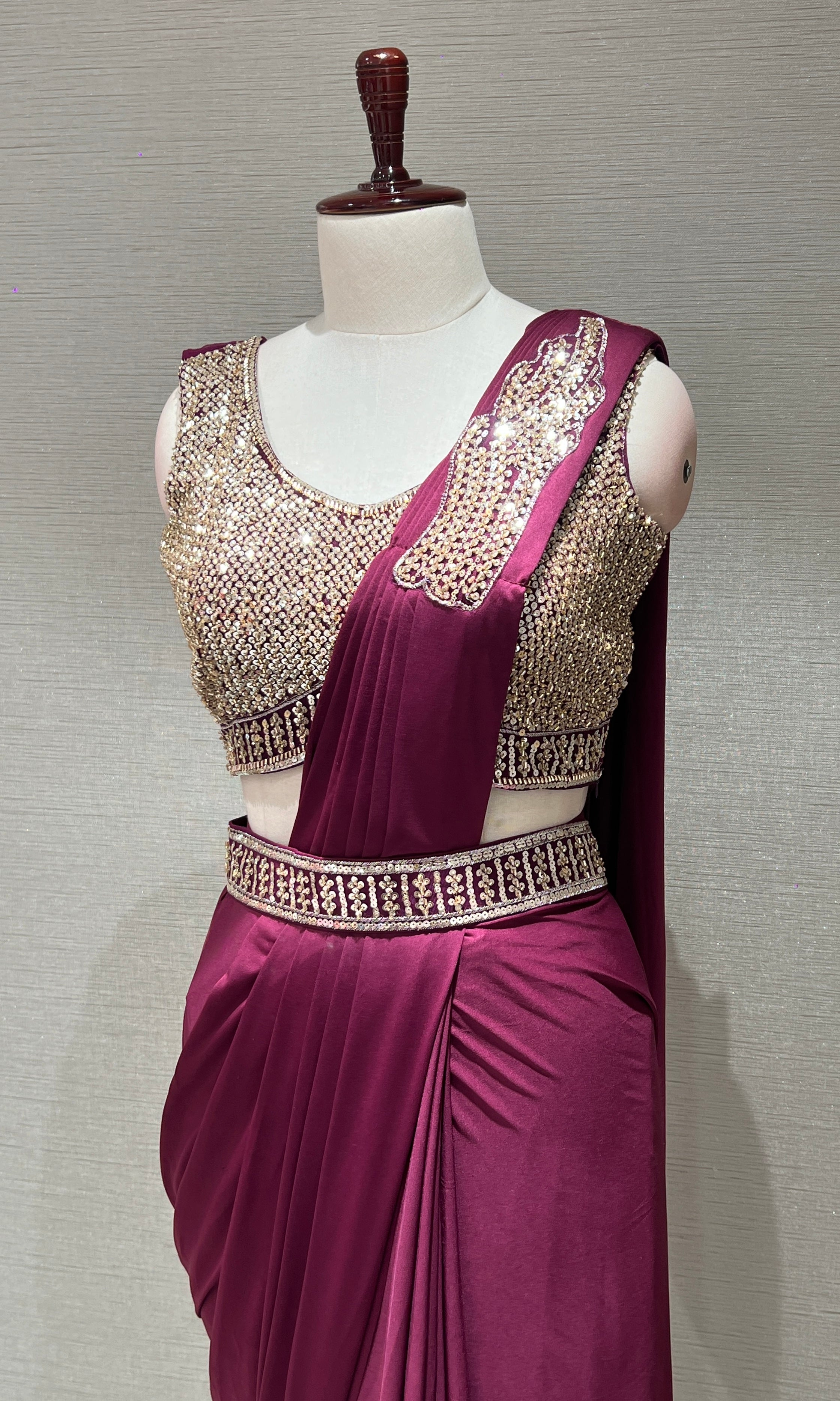 WINE drape saree with embroiderY blouse & belt