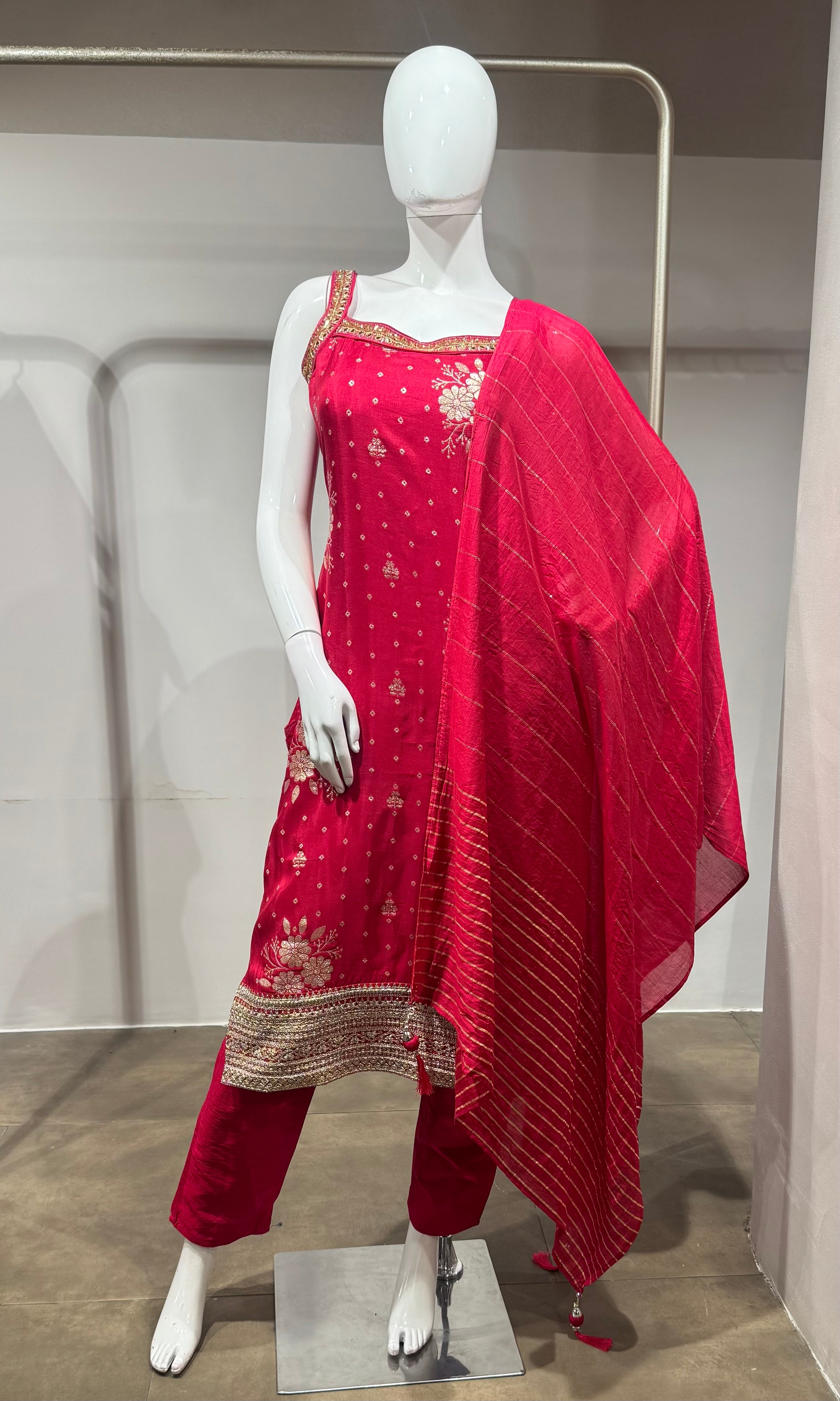 Rani Pink Embroidered Kurta Set with Dupatta