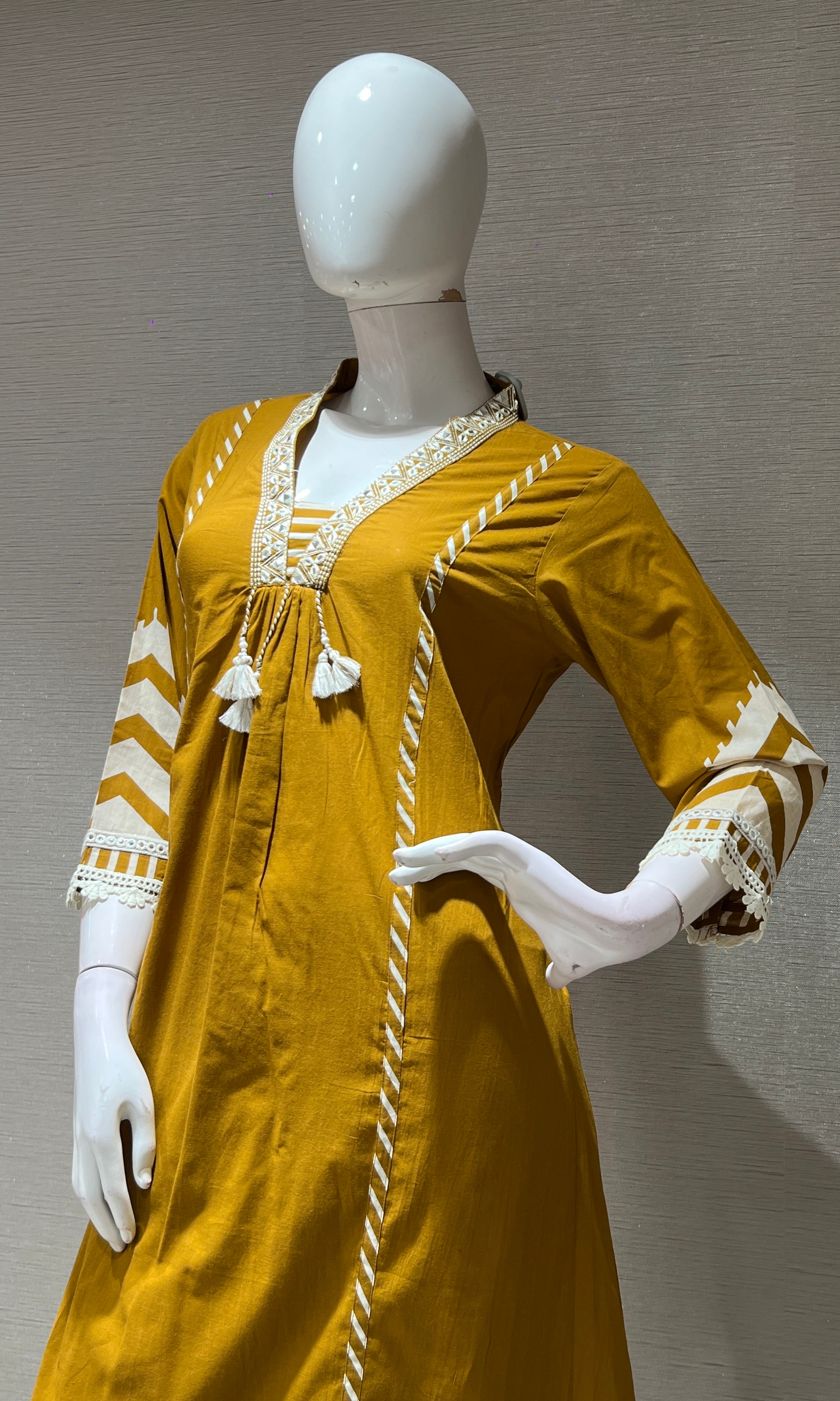 mustard yellow ethnic white lace kurta set