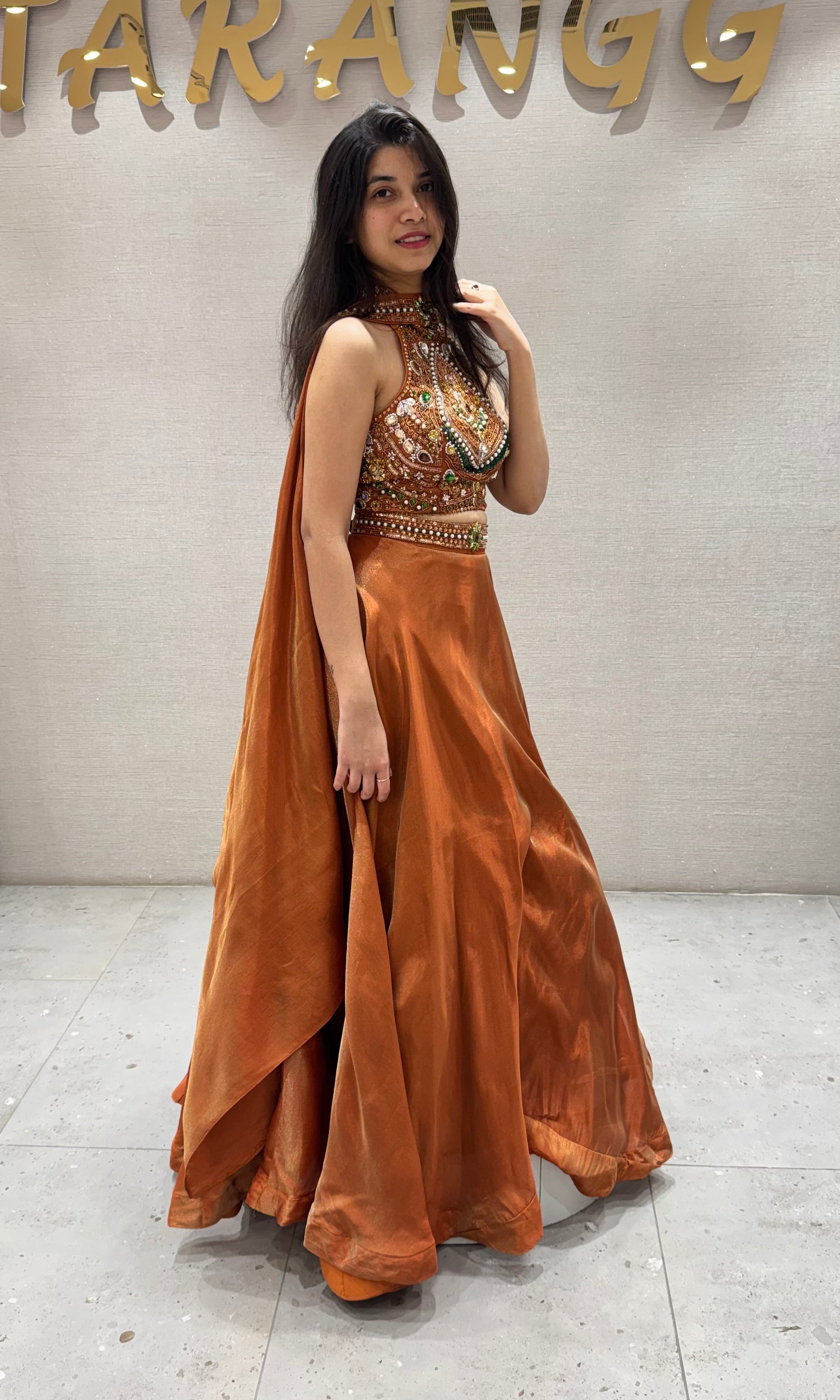 Rust Lehenga WITH HALTER NECK BLOUSE