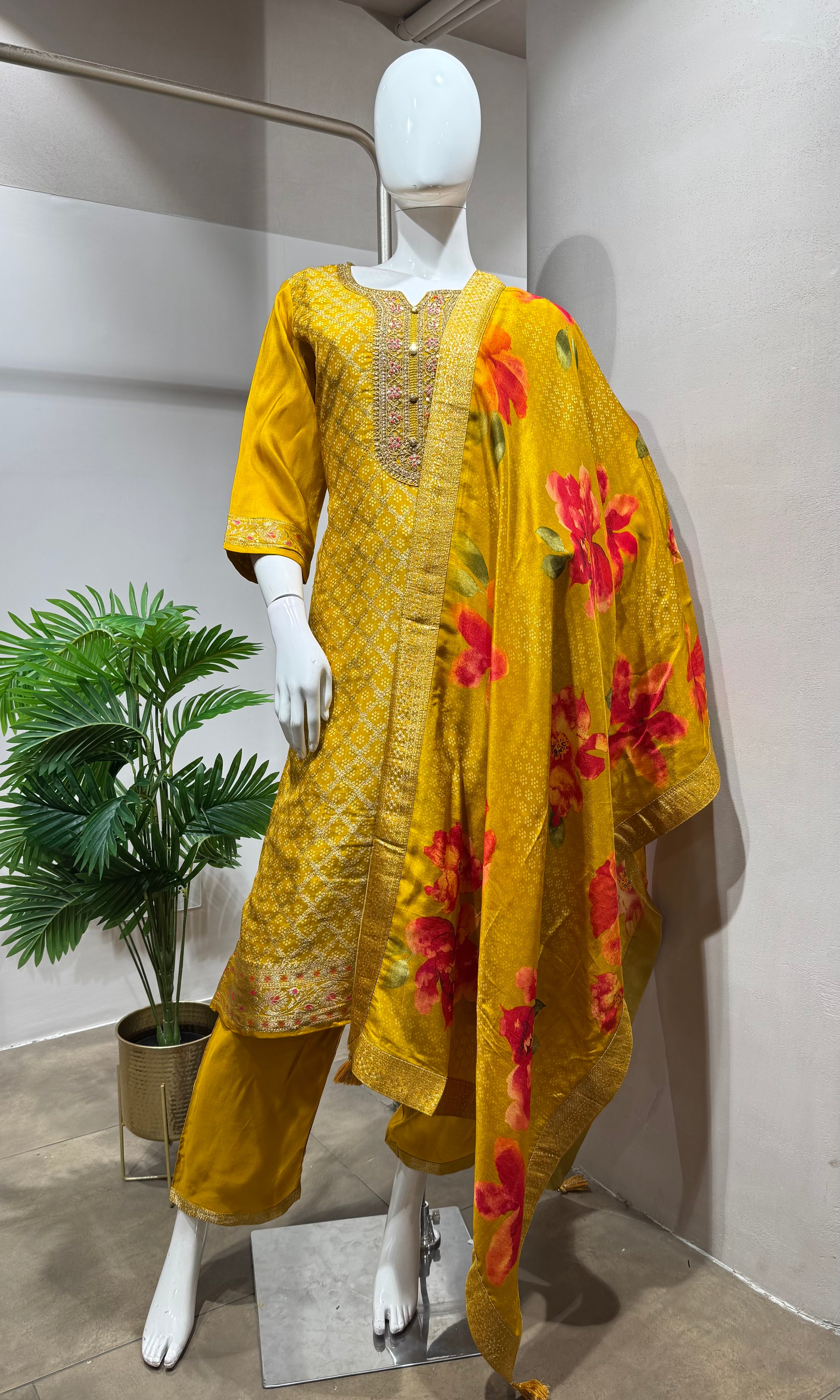 Mustard Yellow Embroidered Kurta Set