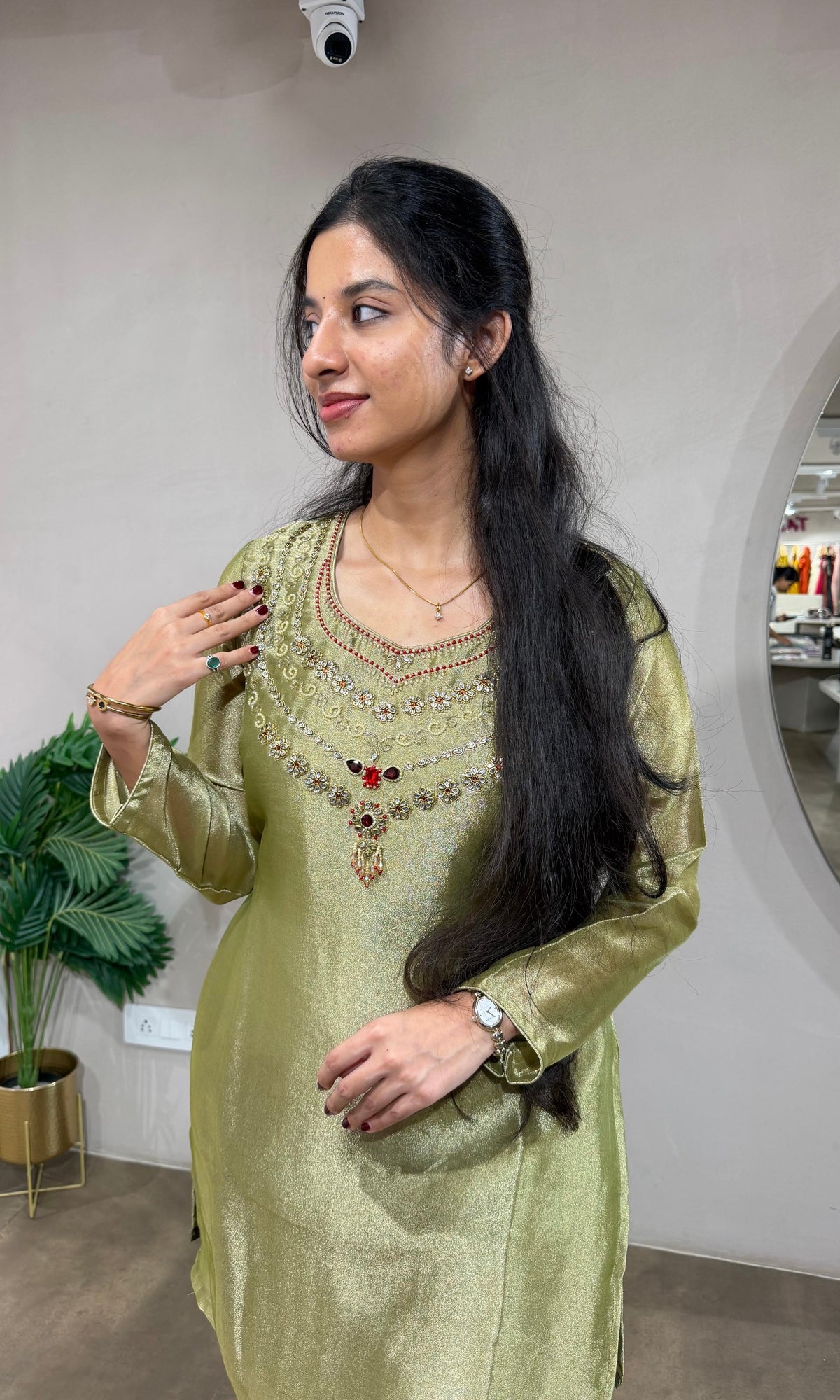 Olive Green Tissue Cord Set with Zardosi Embroidery
