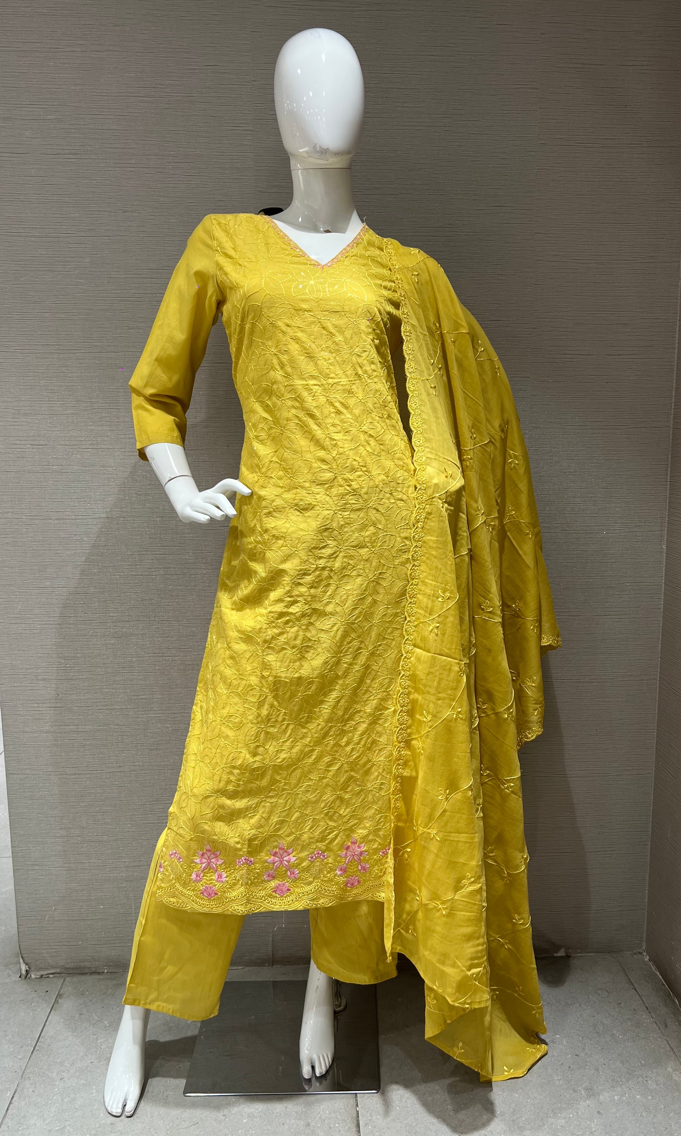 Yellow Cotton Kurta set with Embroidered Dupatta