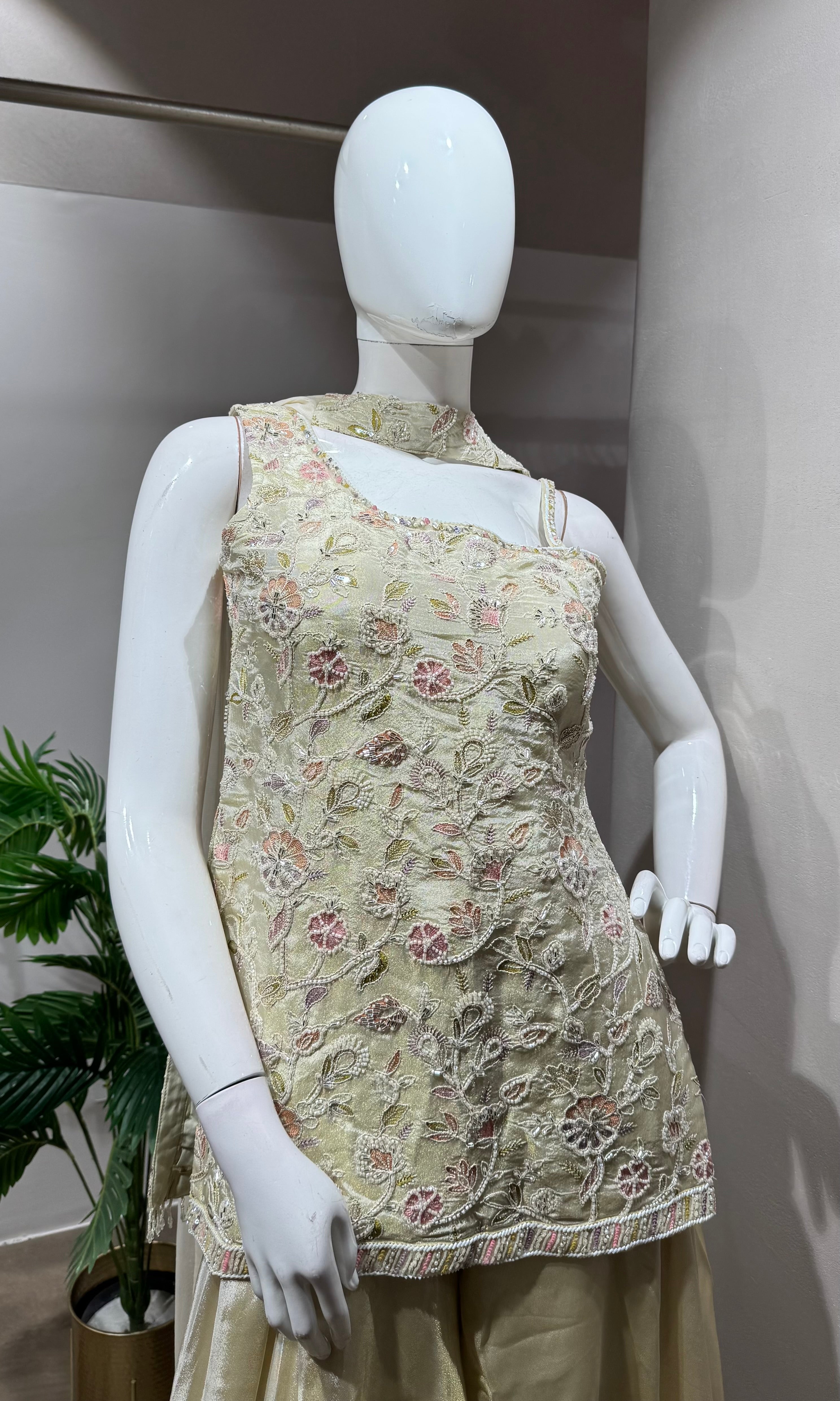 HALF WHITE Floral Embroidered Sharara Set