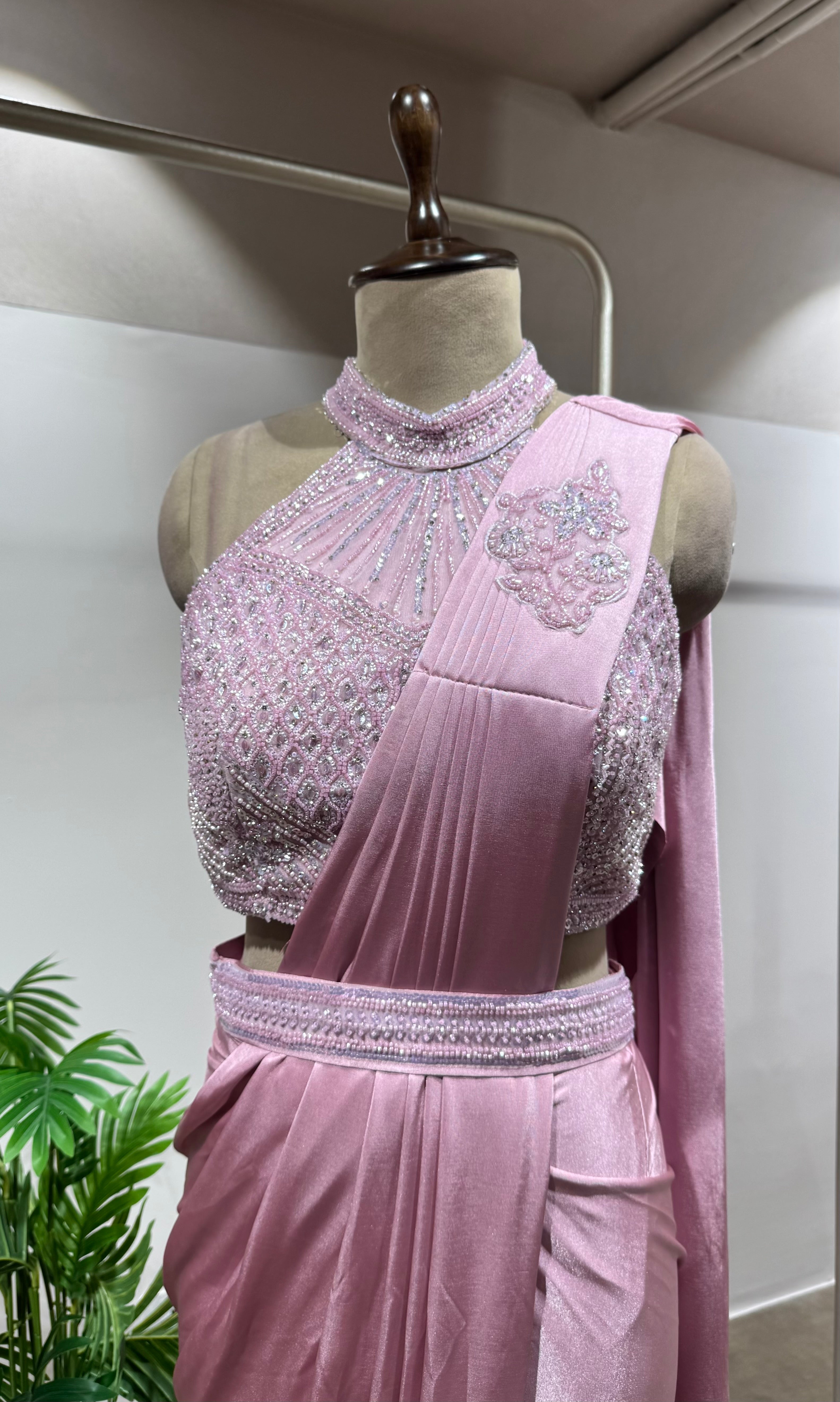 Pink Drape Saree with High Neck Blouse