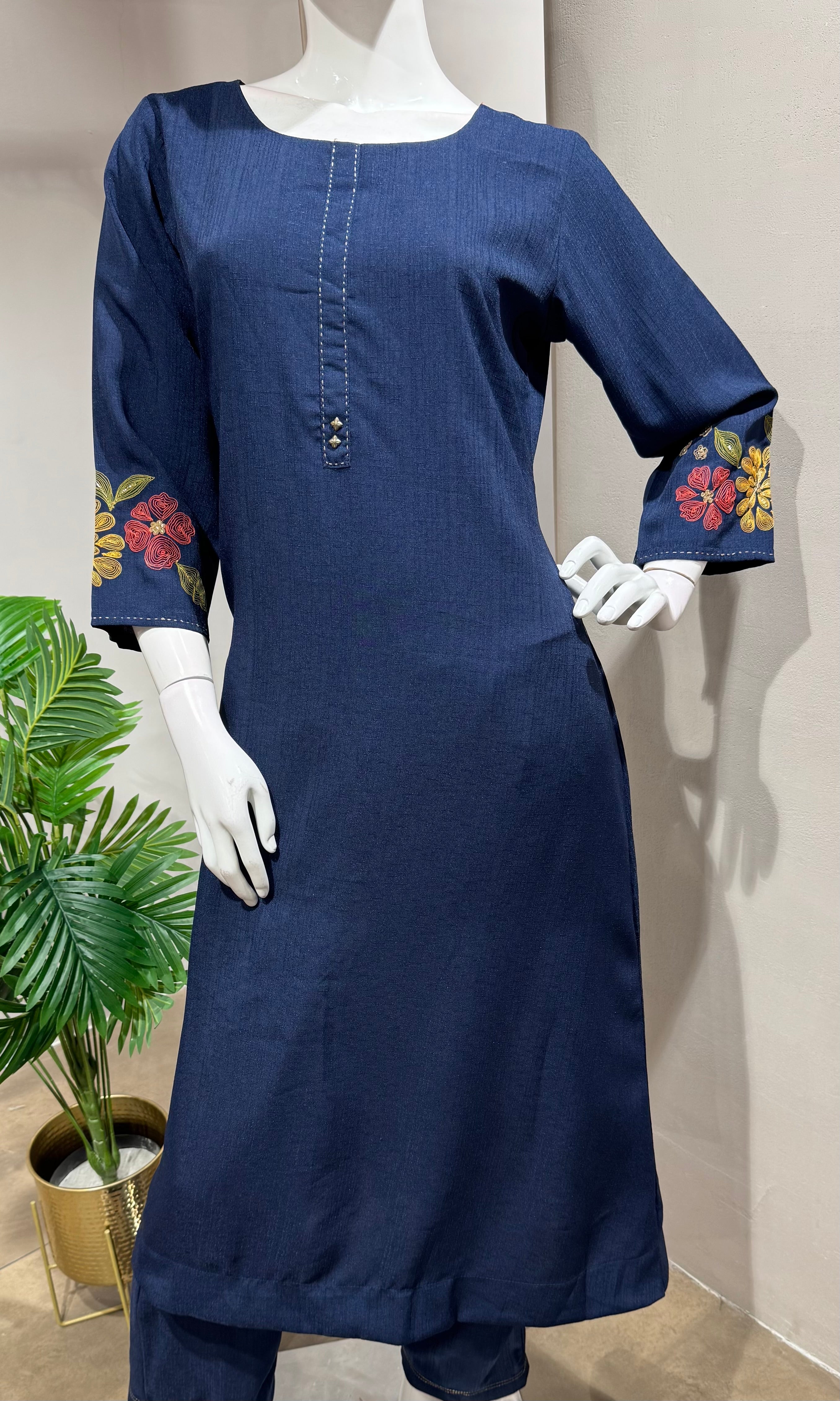 BLUE Floral Embroidery KURTI WITH BOTTOM